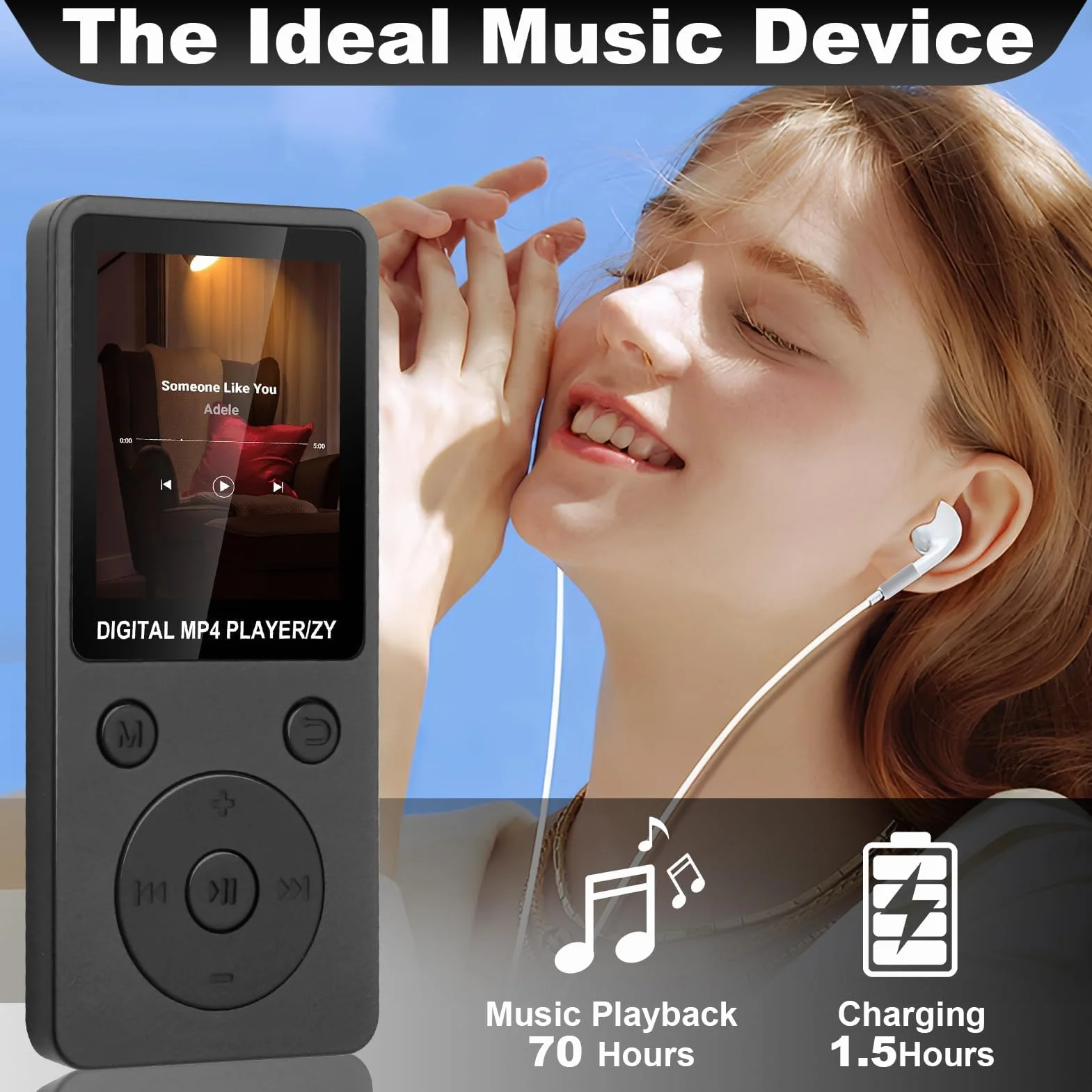 Lecteur MP3 Bluetooth 5.3 32Go Haut-Parleur Intégré Baladeur Portable HiFi sans Perte 70H Autonomie Radio FM Écran 1,8 Pouces Extension Carte TF 128Go
