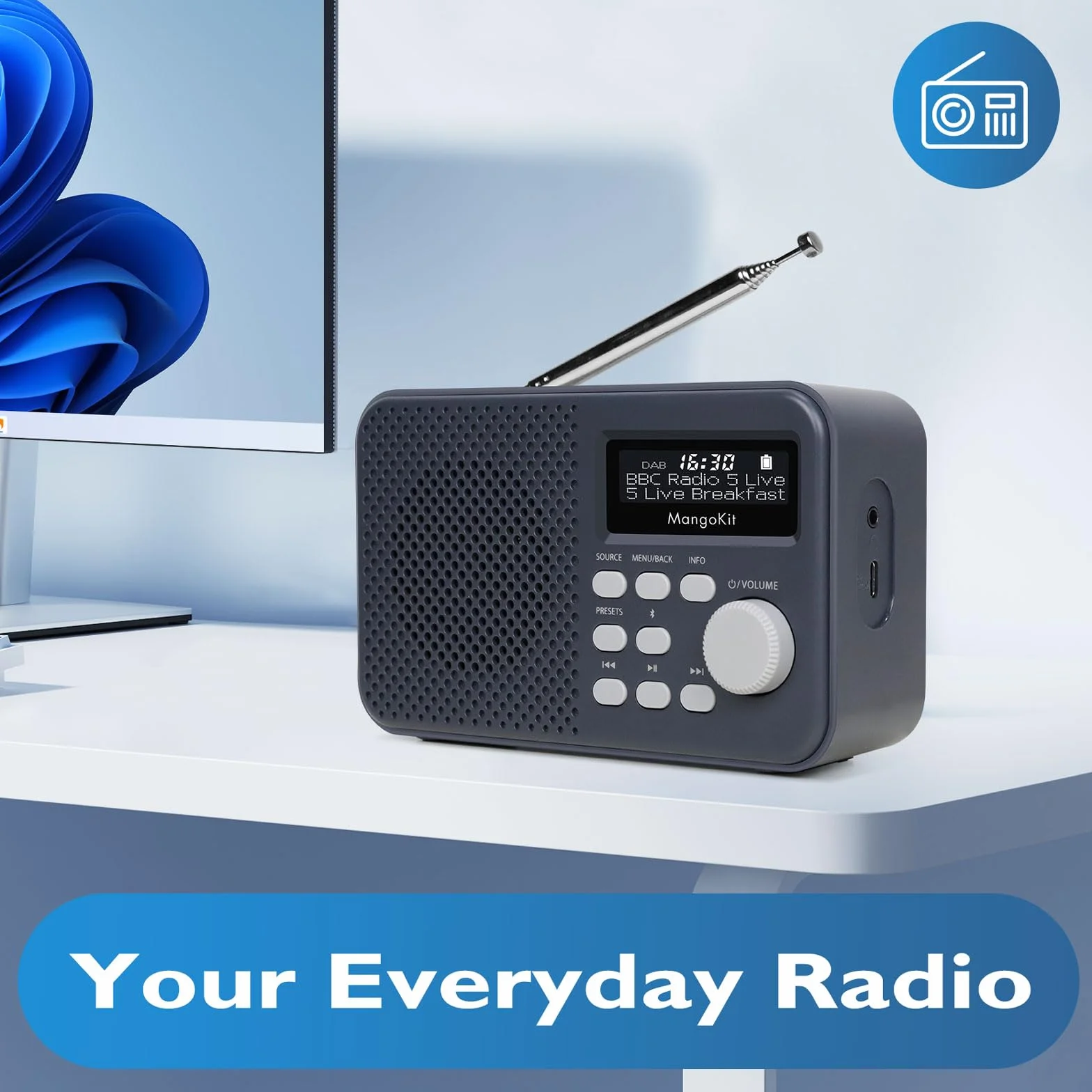 MD2-Plus Radio Dab/Dab+/FM Portable - Diffusion Bluetooth, 40 présélections, Grand écran LCD, Alimentation Secteur ou Piles, Prise Casque, Radio compacte pour Chevet ou Cuisine