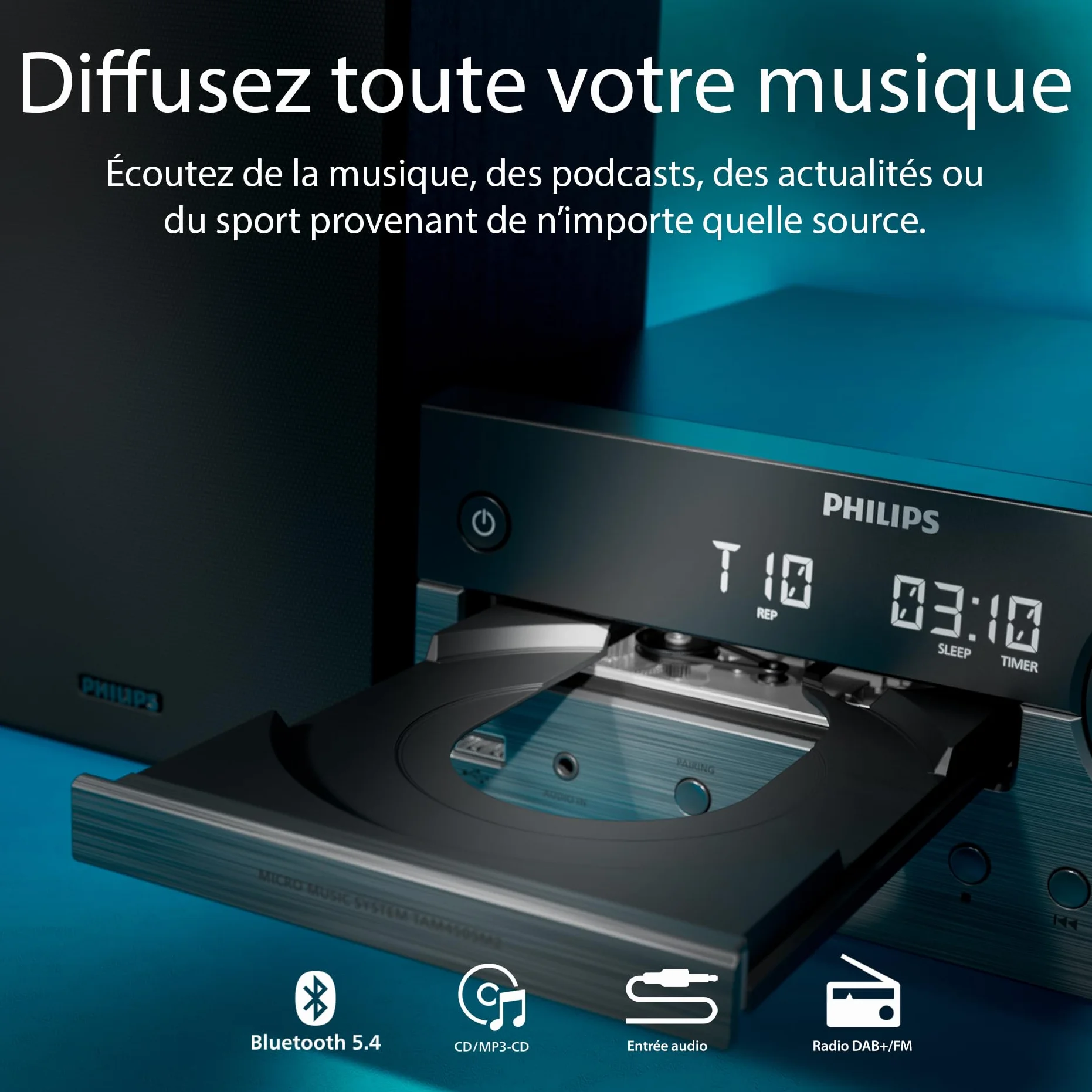Philips TAM4555M2 Système de microchaîne hi-fi – 100 W, enceintes Bass Reflex, DAB+/FM, CD, USB, entrée audio, Bluetooth 5.4, Auracast, télécommande, préréglages audio numériques, emballage écologique