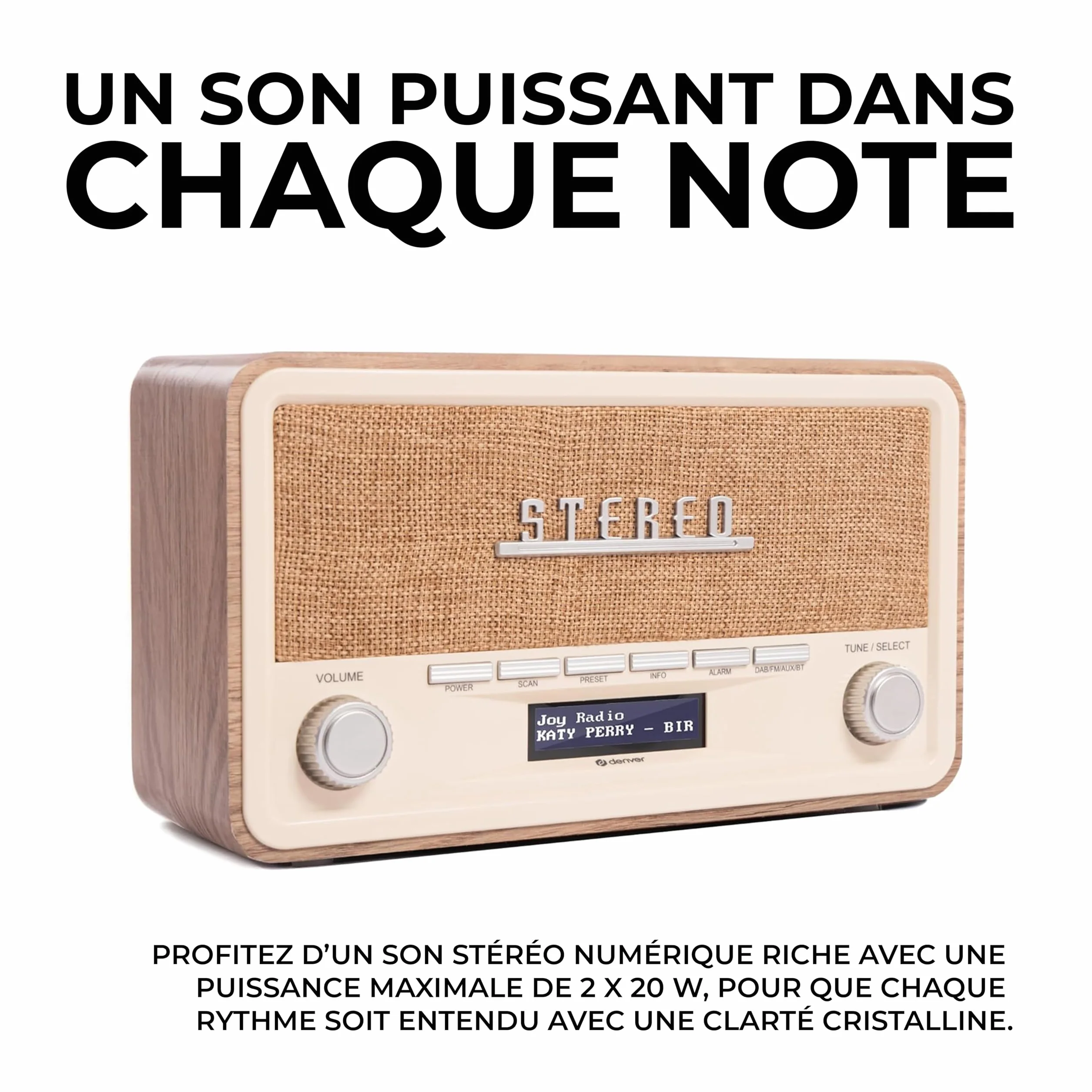 Denver DAB-18LW Radio numérique Dab+/FM Bluetooth, AUX, écran LCD, Horloge-réveil, Finition Bois Clair