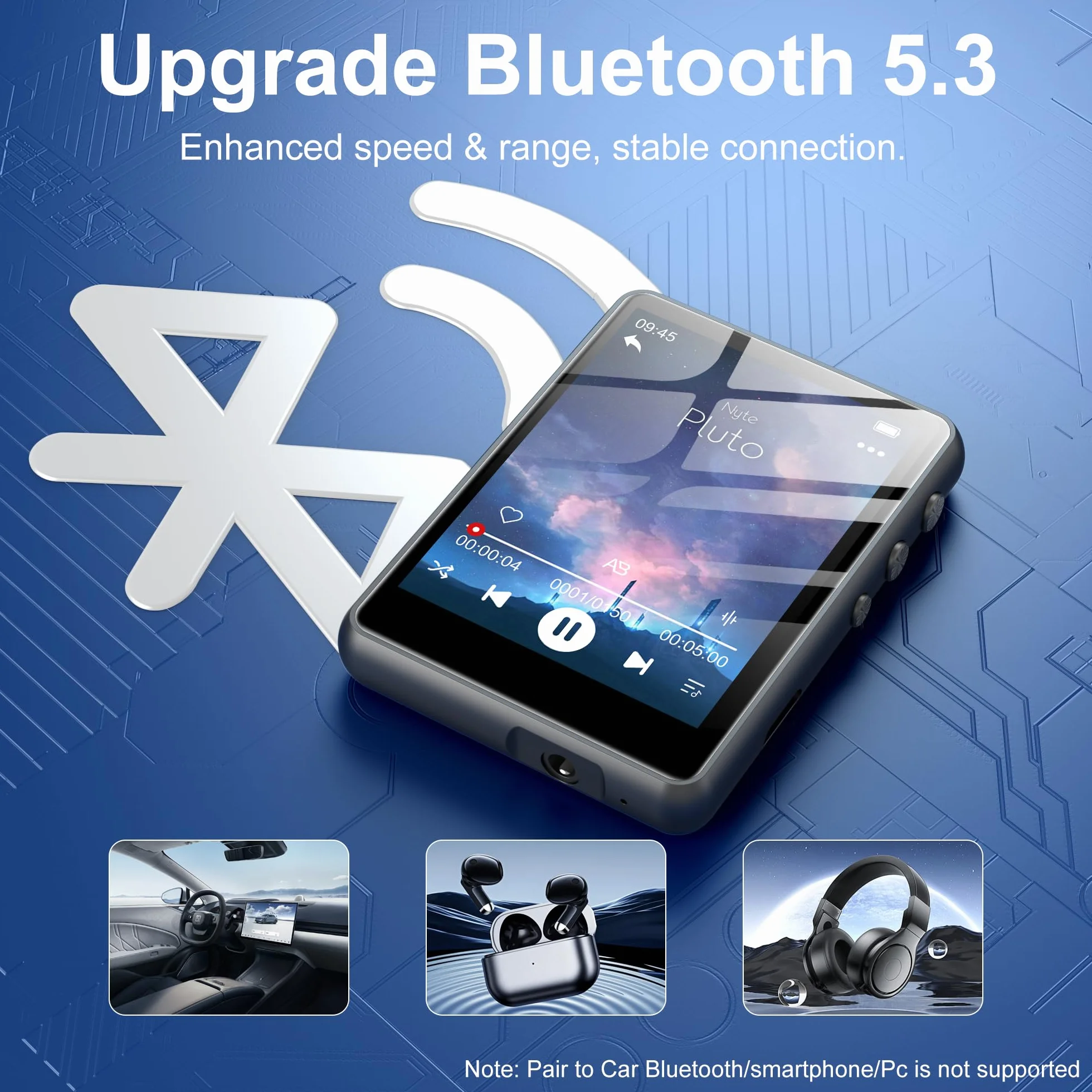 SWOFY Lecteur MP3 Bluetooth 5.3 128Go Écran Tactile 2,4 Pouces Mini Lecteur de Musique Noir