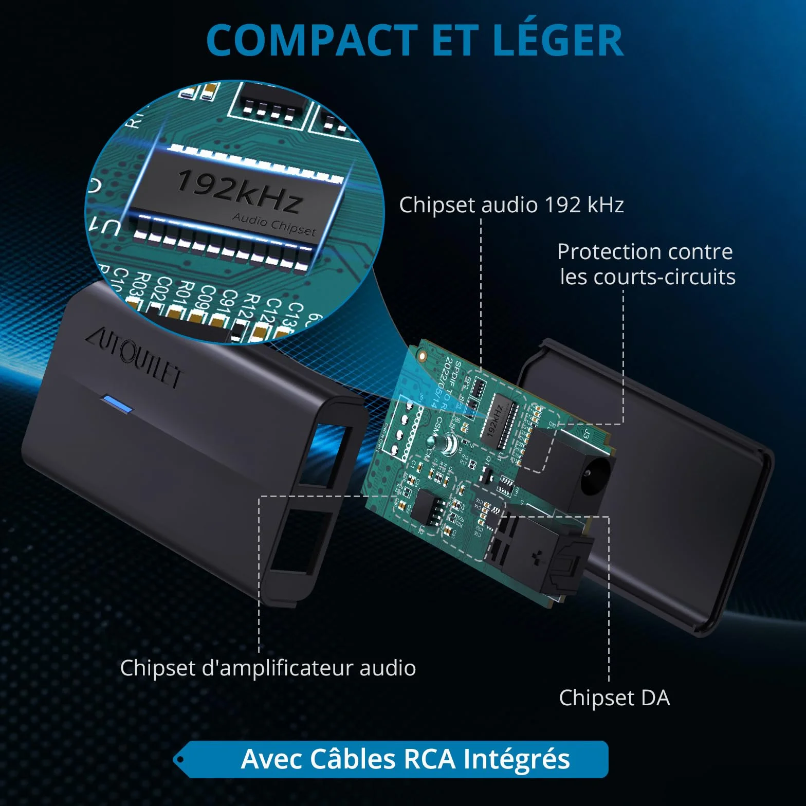 AUTOUTLET Convertisseur Audio Numérique Analogique 192kHz DAC Coaxial Optique SPDIF vers RCA Câble 0,8m + 1m pour HDTV DVD Blu-ray Sky