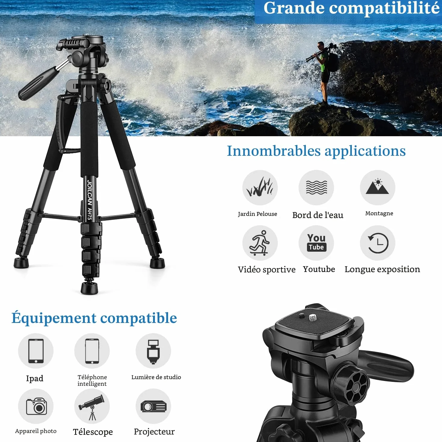 Trépied Appareil Photo pour Smartphone 187cm, JOILCAN Trépied Caméra avec Tête Pan Amovible à 3 Voies, Aluminium Portable Trepied pour Nikon Canon Sony DSLR, Téléphone Support pour iPhone (Noir)