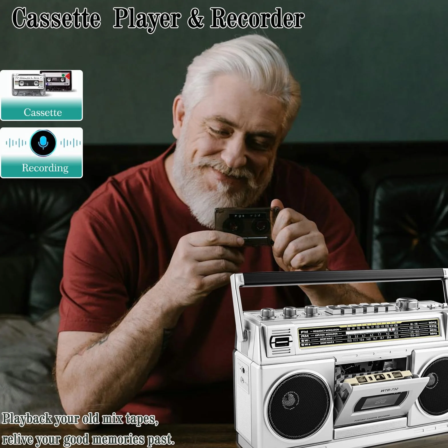 Boombox Rétro Années 80 Bluetooth Lecteur Cassette Radio AM/FM/OC 24W Portable USB Micro SD