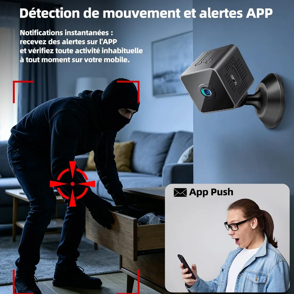 Mini Caméra Espion WiFi 1080P Full HD, Caméra de Surveillance Intérieure Discrète avec Détection de Mouvement et Vision Nocturne, Petite Caméra Connectée pour Bébé, Maison, Bureau et Auto, Noir
