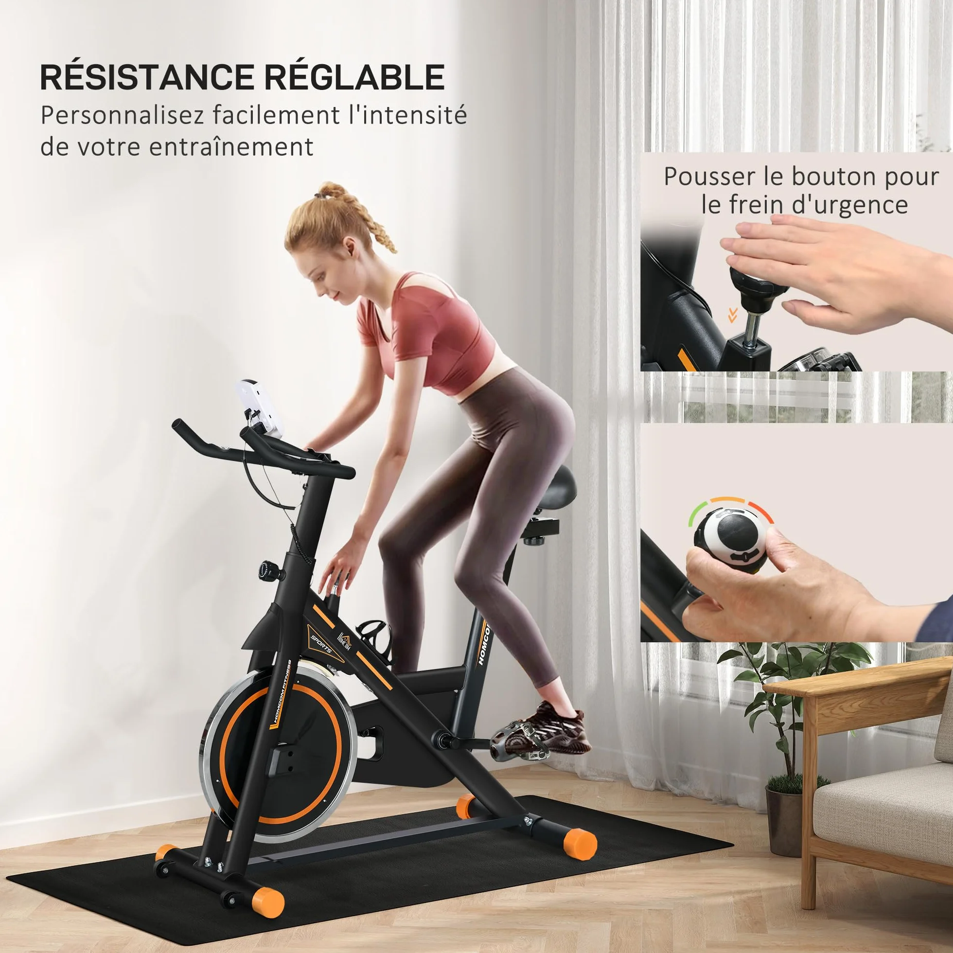 HOMCOM Vélo d'Appartement avec Écran LCD, Résistance Réglable, Charge 120 kg, Noir et Orange