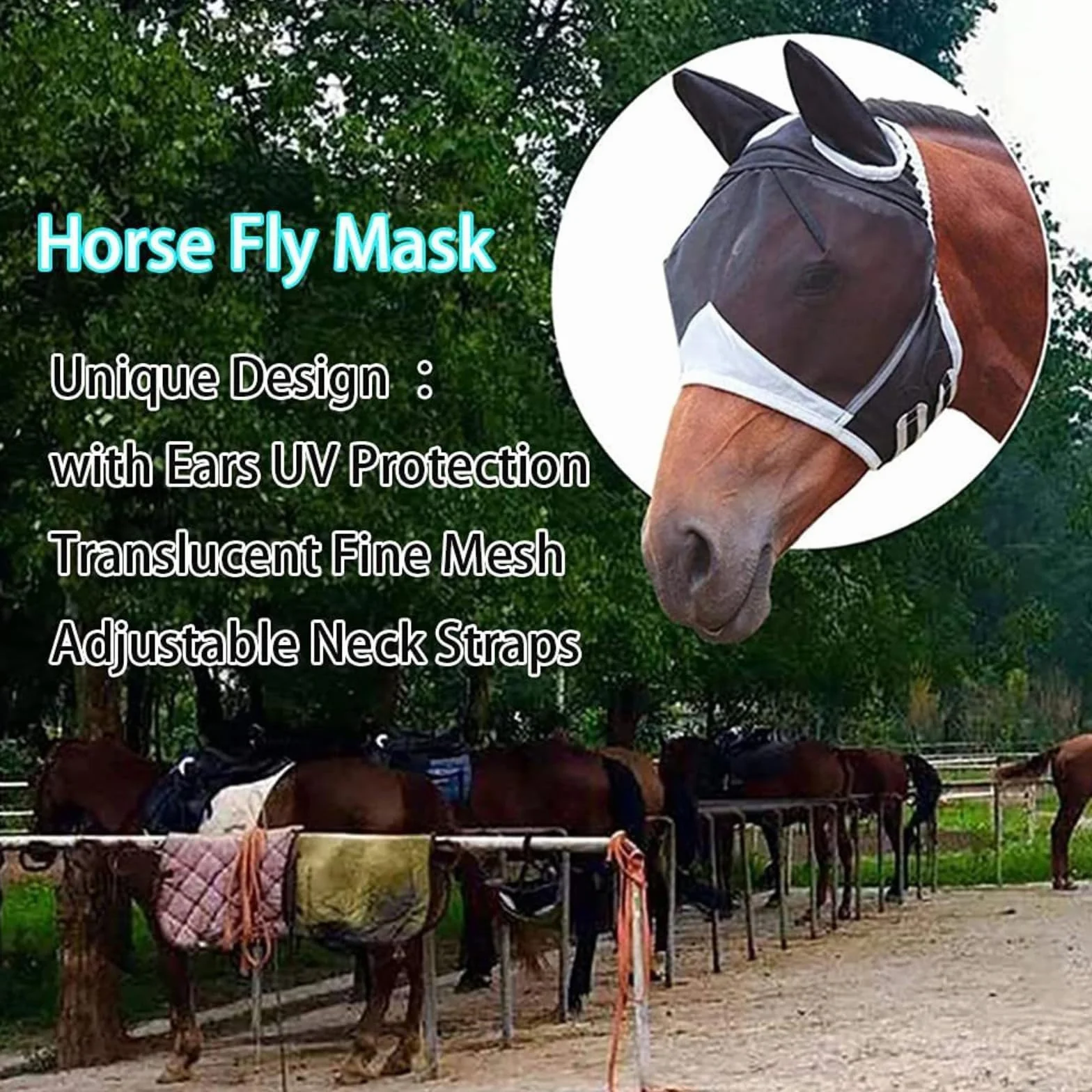 Masque anti-mouches cheval protection nasale UV, couvre-nez maille respirante poney cob shetland, fermeture velcro réglable