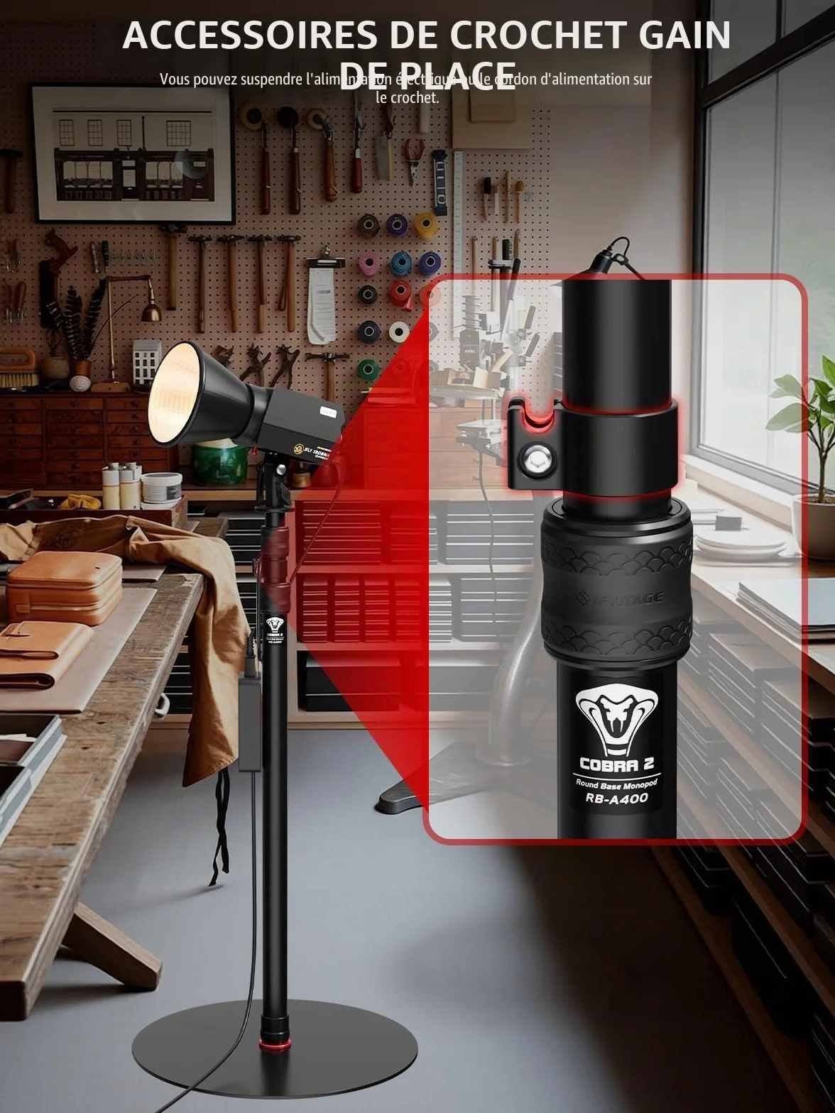IFOOTAGE Cobra 2 RB-A400 Monopode Professionnel en Aluminium pour Appareil Photo,Monopode de Studio,Base Lestée et Hauteur Réglable,Support de Sol,Support D'éclairage,Diamètre de la Base : 40 cm