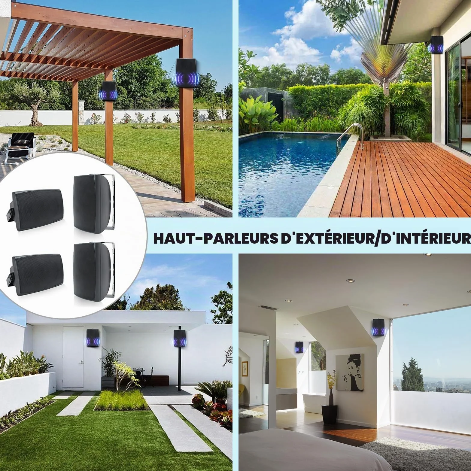 Herdio 6,5 Pouces 800 W Haut-parleurs Bluetooth d'extérieur, filaires étanches avec amplificateur Multifonctionnel, Haut-parleurs muraux pour terrasse, Piscine, Jardin (Noir)