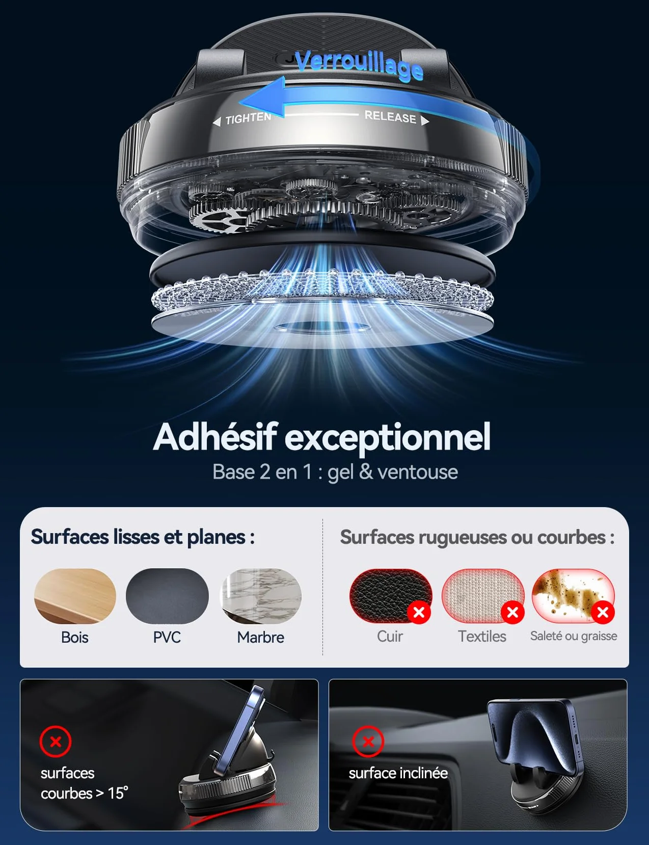 JOYROOM Support Téléphone Voiture Tableau de Bord [Gel & Ventouse] Porte Telephone Voiture Compatible avec Coques jusqu'à 19 mm, Car Phone Holder pour iPhone/Samsung/Google/Android Smartphones