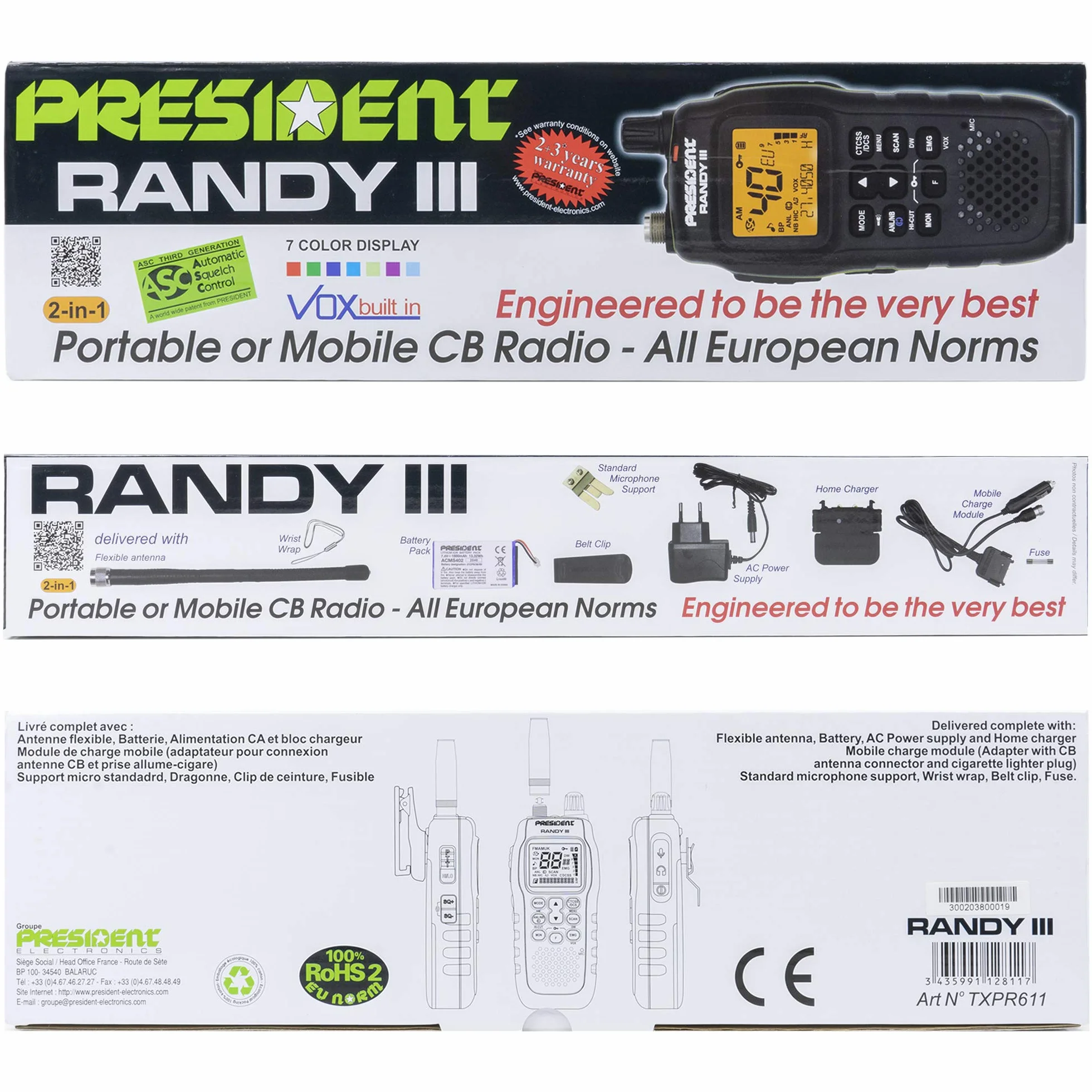 Président Randy-III Am/FM walkie CB 27 Batterie Lithium 1800 mAh