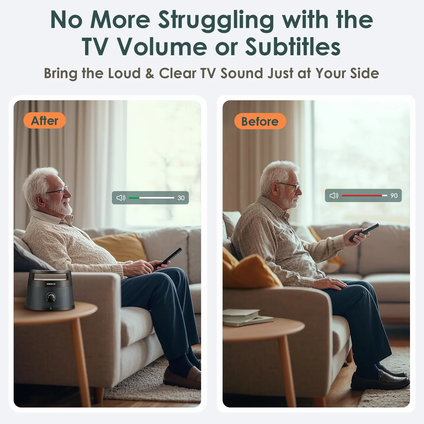 SIMOLIO Enceintes TV sans Fil Seniors Malentendants Bluetooth Haut-parleurs 3 Modes Égalisation Améliorateur Dialogue 164 Pieds
