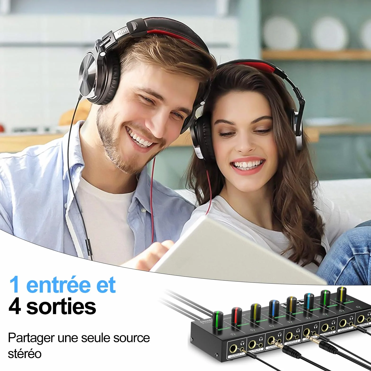 Amplificateur de Casque à 4 canaux avec Prises RCA 3,5 mm/6,35 mm, mélangeur Compact en métal avec 8 Ports de Sortie pour Casque, Interrupteur stéréo, Fonction muet, lumière RVB (8 canaux)