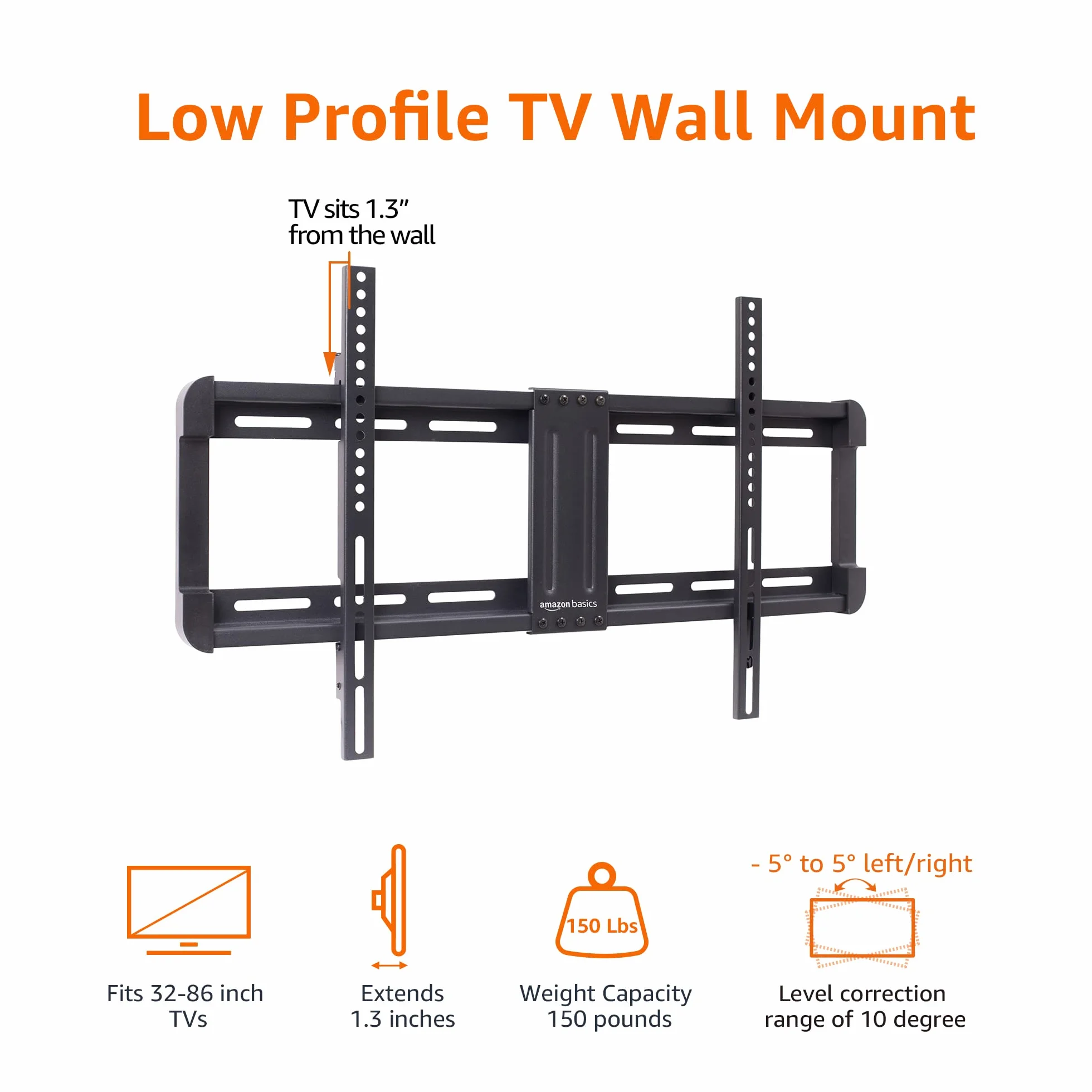 Amazon Basics Support mural fin pour télévision - Position horizontale ajustable après installation, 1 pièces, Pour (32 à 86 pouces), 81.2 à 218 cm, Noir