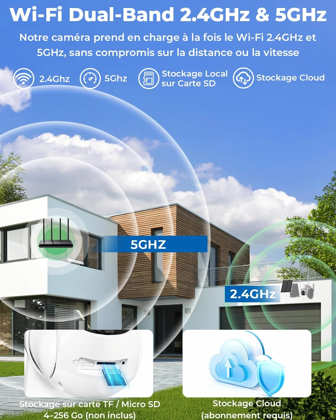 WESECUU Camera Surveillance WiFi Exterieure sans Fil Solaire 2.5K 4MP avec Panneau Solaire 5W, 360° PTZ, IP66