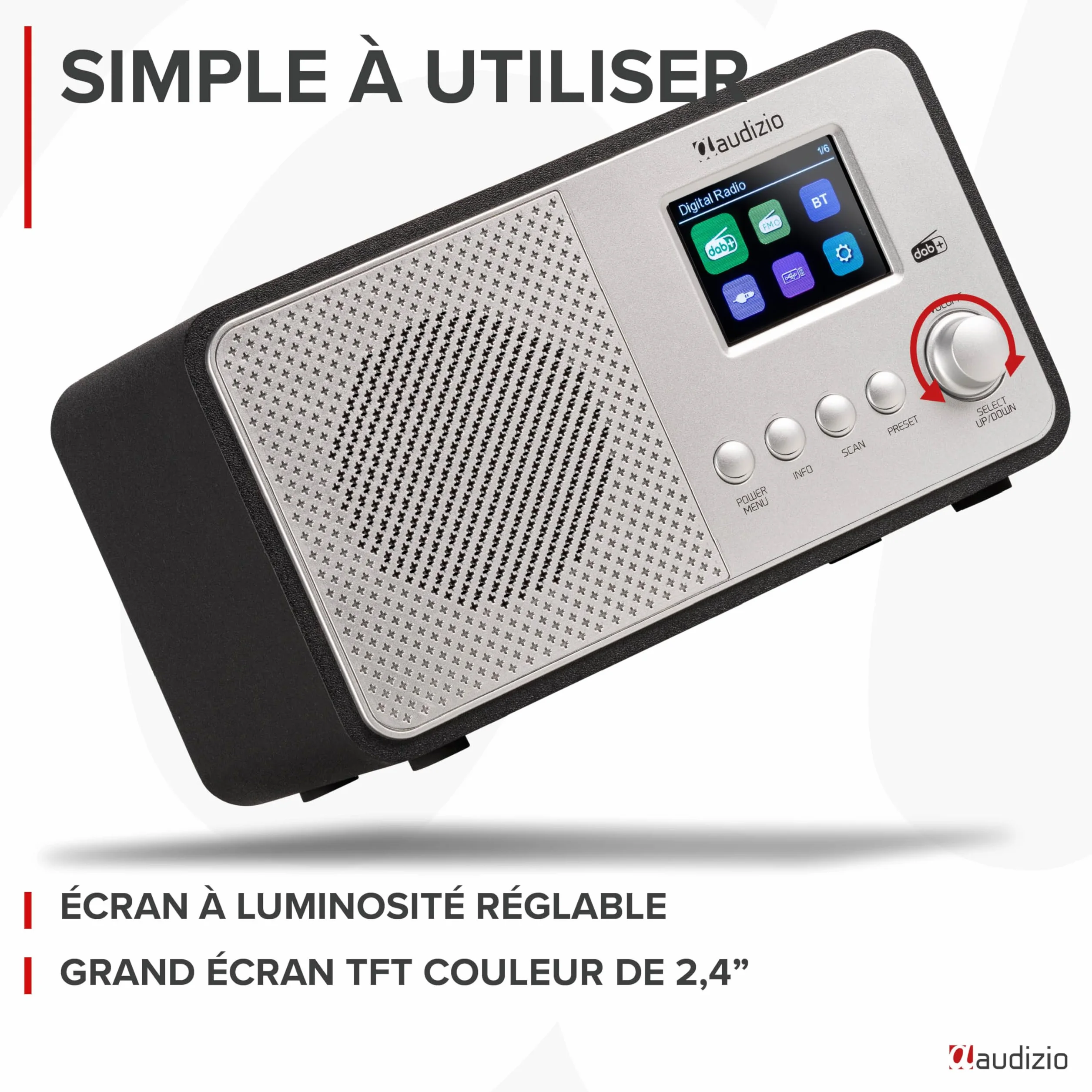 Audizio Avio Radio Dab+ Bluetooth 5.0 - Aluminium, 20 Stations Enregistrables, Écran Couleur 2,4", Haut-Parleur Intégré, Port USB, Idéale pour Écouter la Radio à la Maison