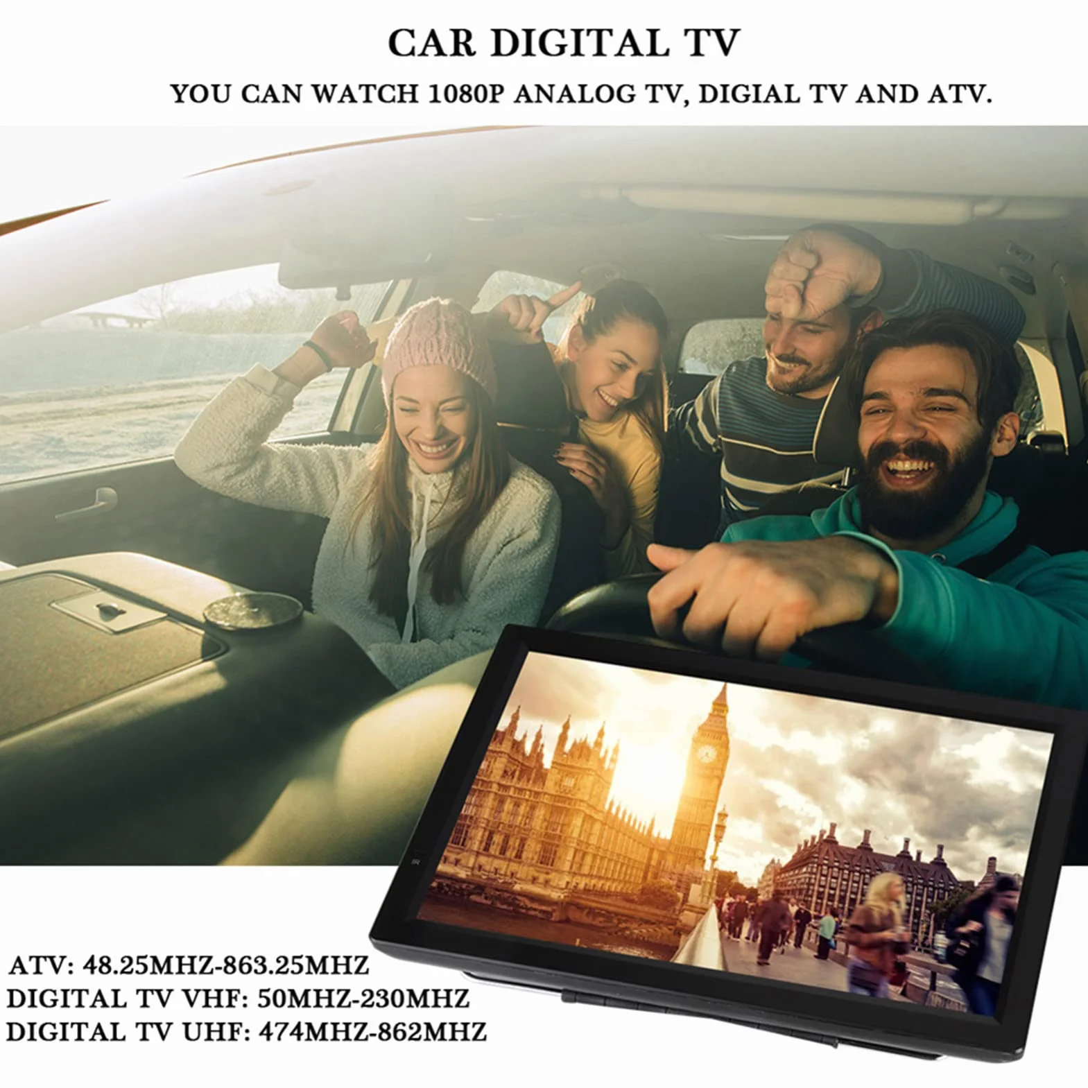 Téléviseur Portable 14 Pouces, 1080P HD TFT LED pour Voiture, écran LCD ATV/UHF/VHF avec Tuner TV Numérique, Prise en de L'enregistrement de Programmes TV, avec AV, USB,