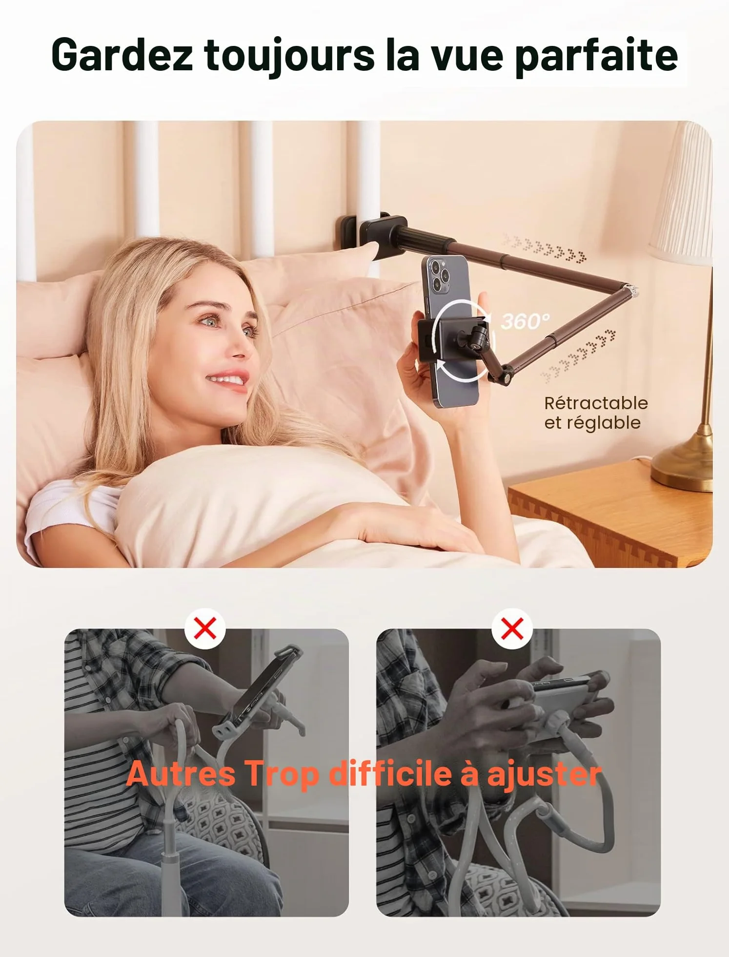 JSAUX Support de téléphone pour Bureau et lit, Support de téléphone Flexible Universel à 360° avec Pince de Serrage pour Table de Chevet, Compatible avec iPhone 14, 13, 12, 11, etc. [Noir]
