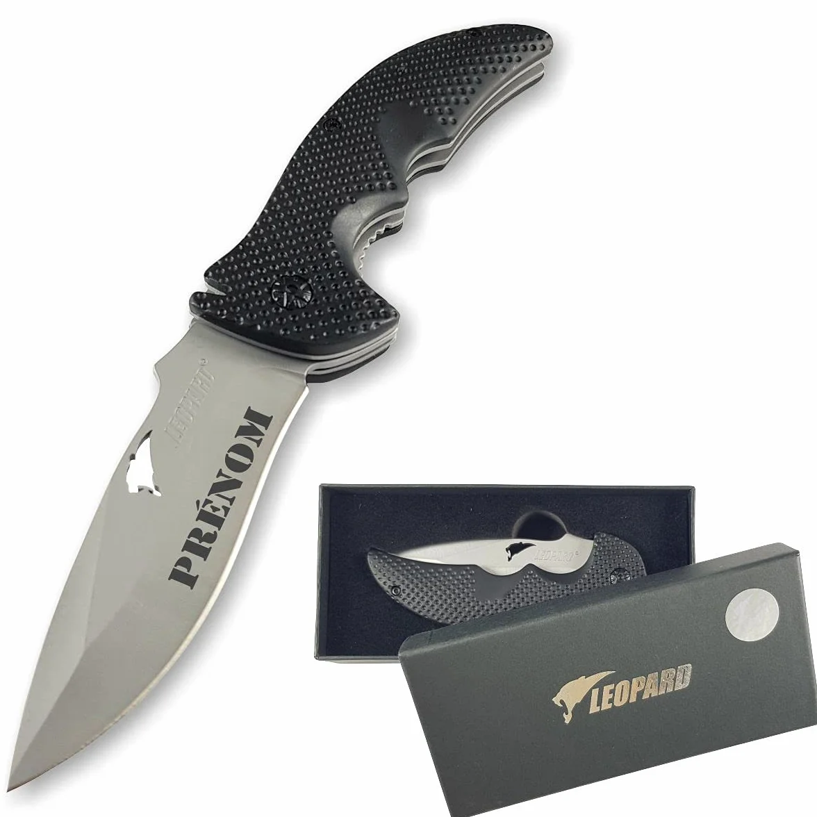 Couteau Pliant Personnalisé Prénom Gravé LEOPARD - Cadeau Homme Anniversaire Fête des Pères Noël