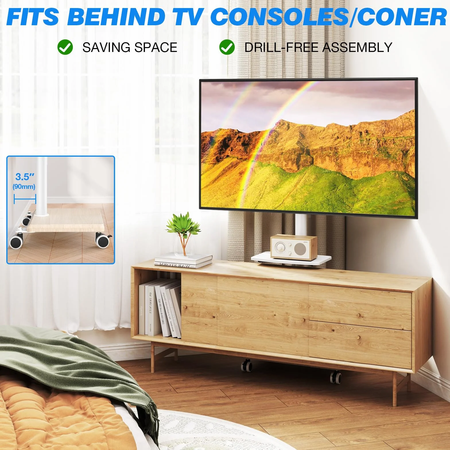 5Rcom Support TV roulettes Blanc Pied TV pour Télé de 27-55 Pouces, Réglable en Hauteur et Pivotant Support TV sur Pied avec roulettes Meuble Support TVs avec Base en Bois VESA Max 400x400mm Max 30kg