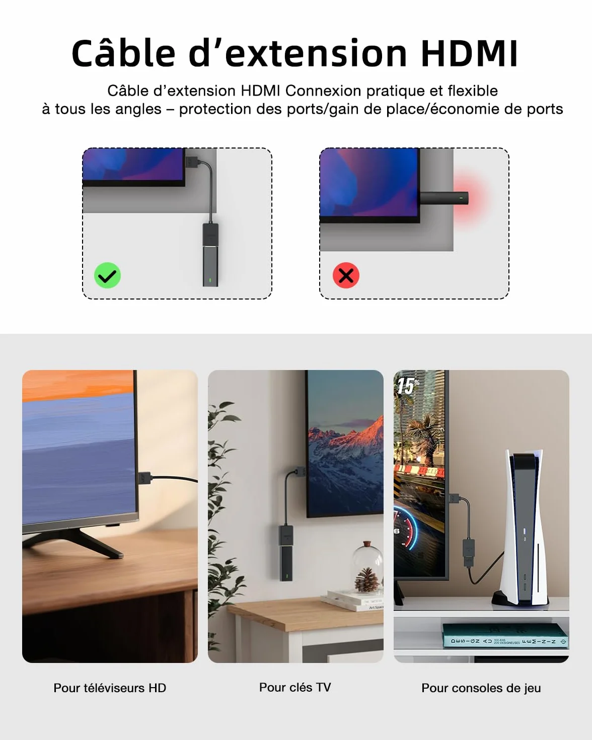VCELINK Rallonge de Câble HDMI Male Femelle 4K Prolongateur HDMI Mâle Femelle pour TV Stick 14CM