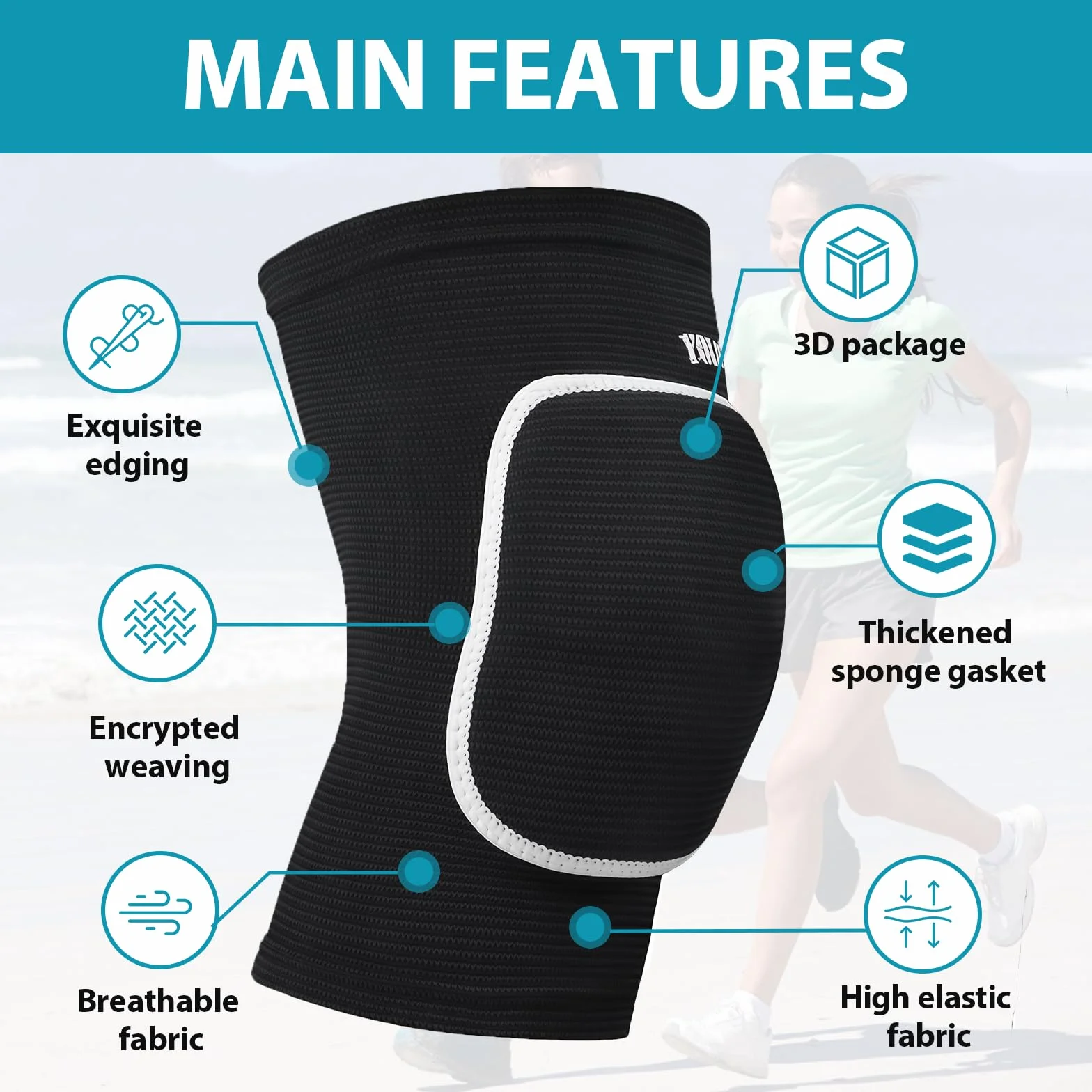 Genouillères de Protection Sport, Épais Antidérapant, pour Handball Basketball Course à Pied, Noir, Lot de 2