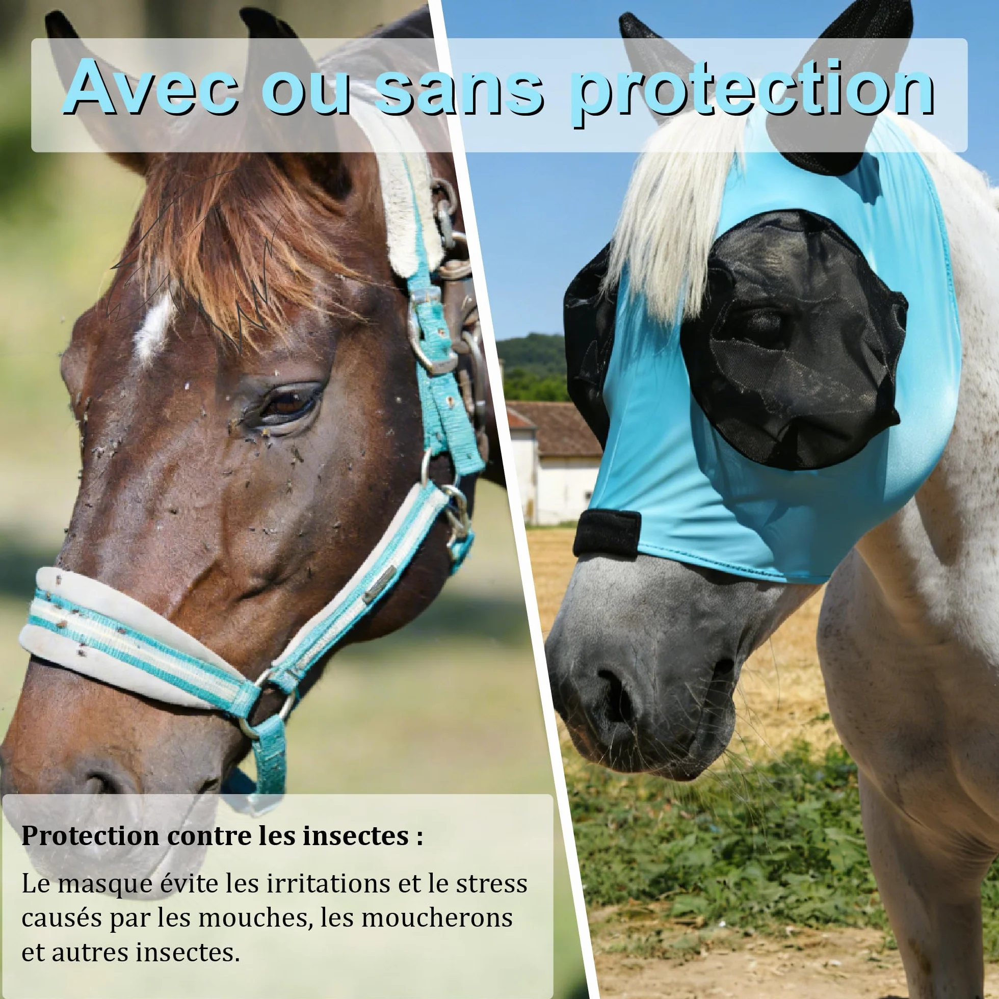 Masque Anti-Mouches pour Chevaux avec Oreilles, Protection UV, Respirant, Grands Yeux - Bleu Lac (Medium)