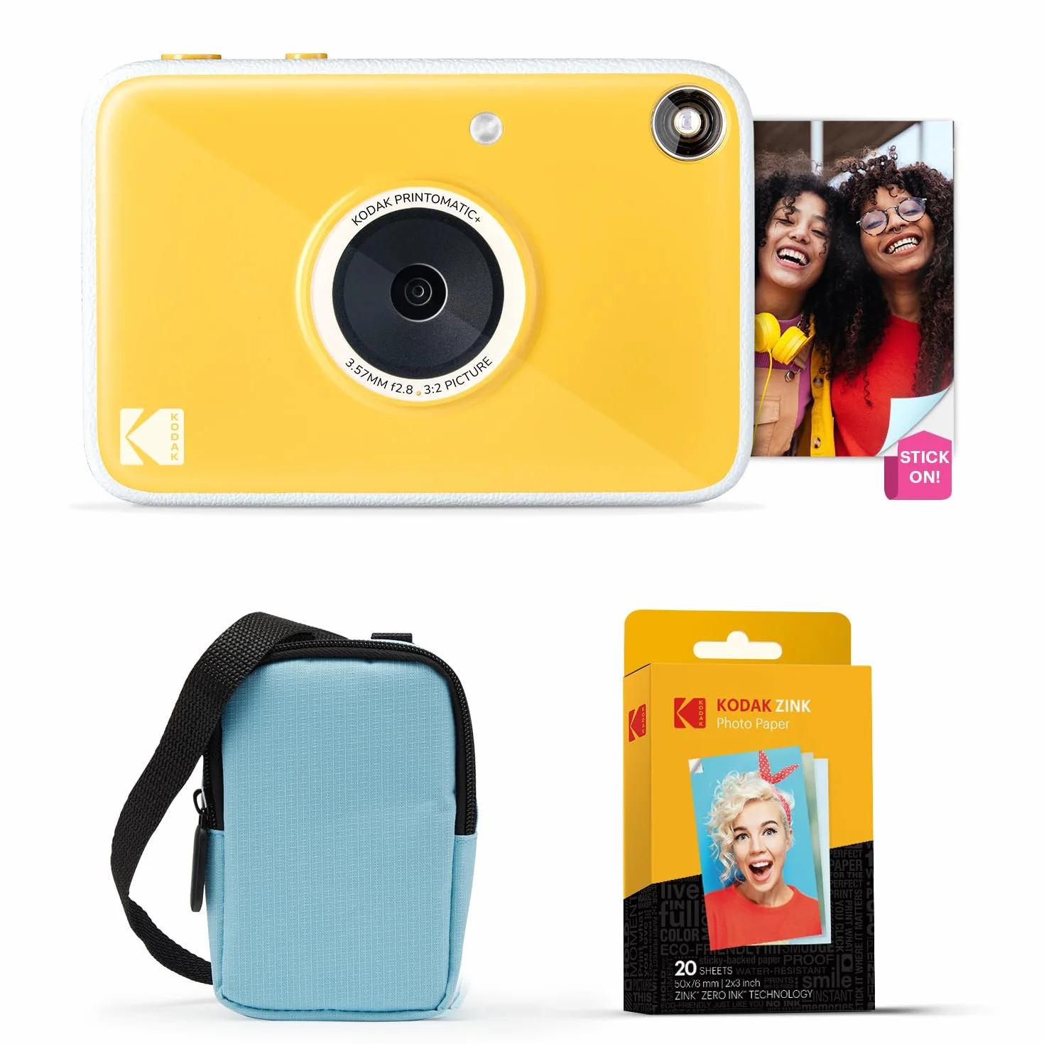 Kodak Printomatic+ Appareil Photo Instantané 10MP Pack de Démarrage (Bleu) avec Étui, LED RVB et Papier Photo Zink 20 Feuilles – Jaune