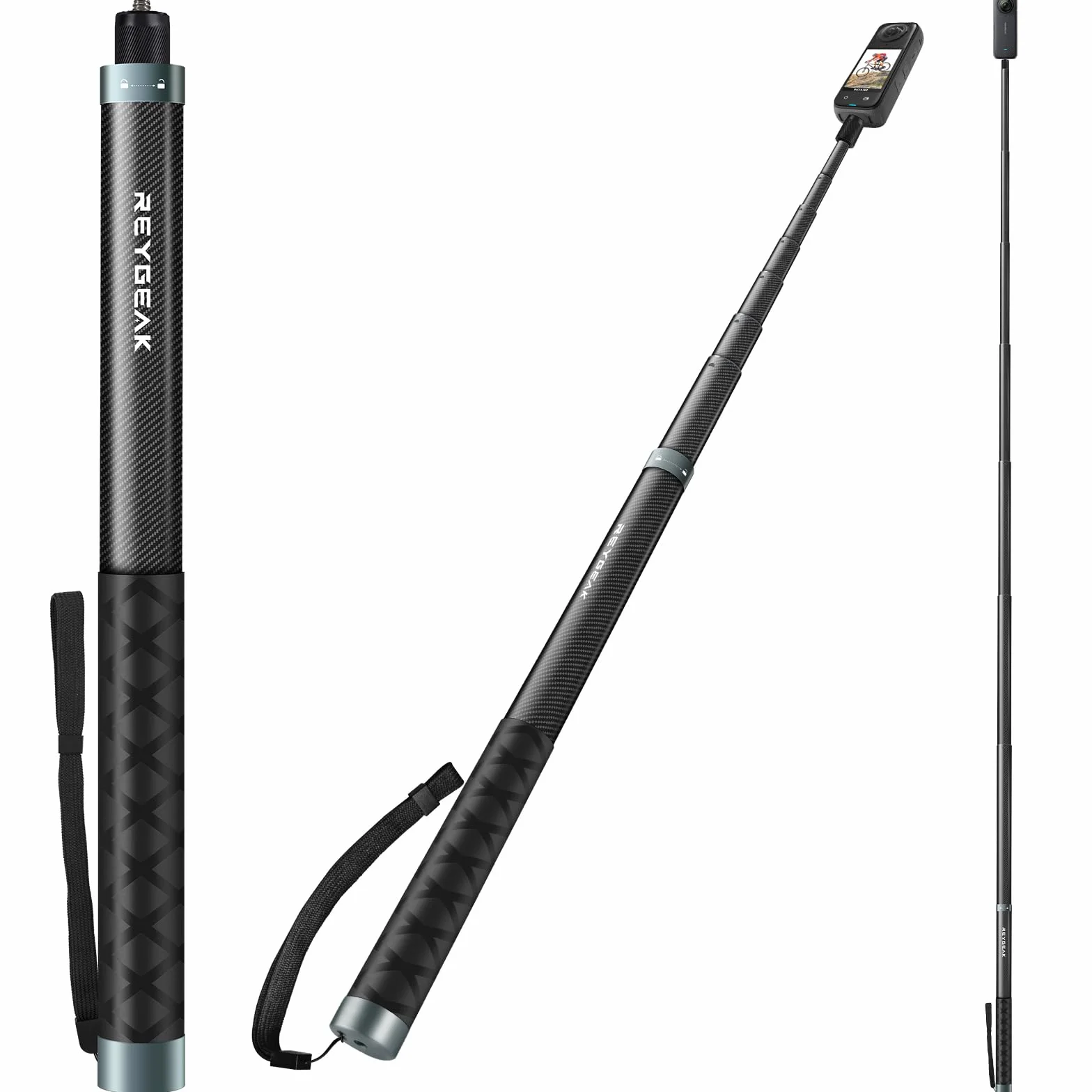 REYGEAK 300cm / 118 "Extended Selfie Rod pour insta360 X4, 7 Pieds Extra Long Invisible Selfie Rod avec 1/4 vis Fibre de Carbone Étanche Extension Monopode pour inst360 X4 / X3 /X2 / One