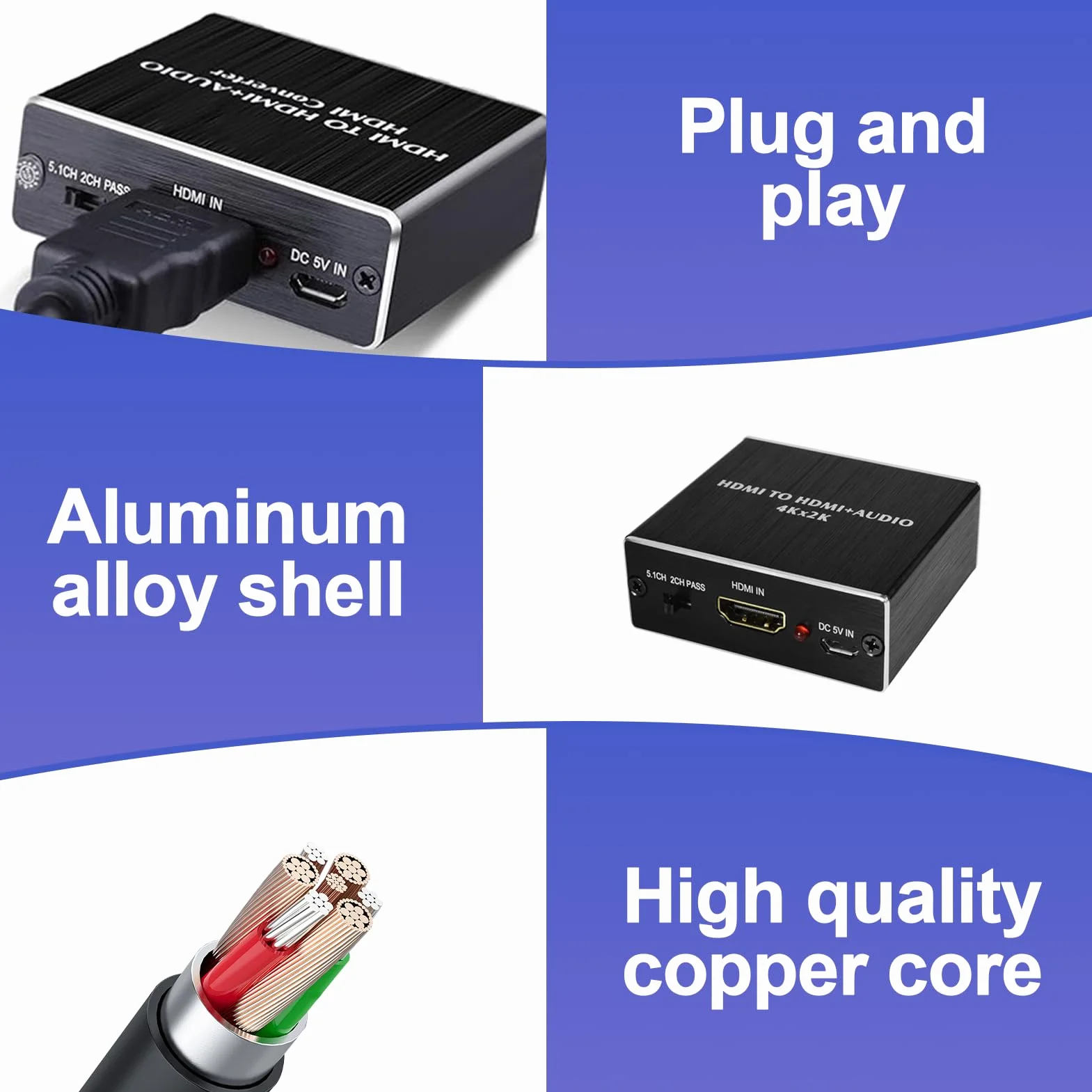4K x 2K HDM1 Audio Convertisseur Adaptateur, Extracteur Audio HDM1 Splitter, Répartiteur Audio HDM1, HDM1 vers HDM1 Audio avec Adaptateur Stéréo 3,5 mm, Noir