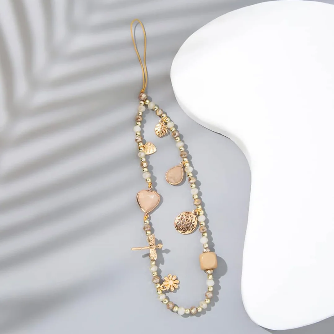 Cordon de téléphone Portable avec Bijou et dragonne en Cristal Beige Anti-Perte - étui Pendentif chaîne, 1 pièce.
