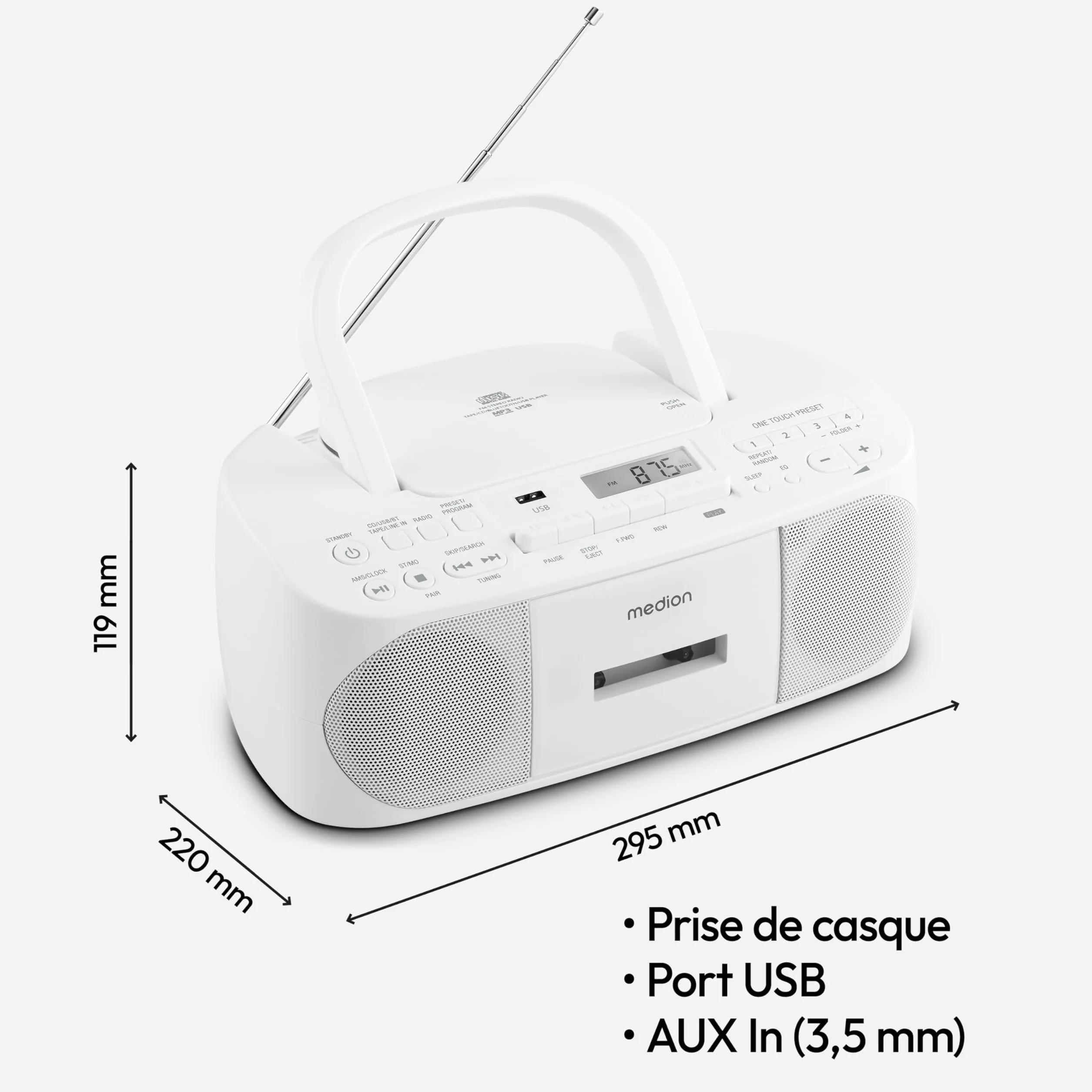 MEDION Radio Stéréo E65010 Lecteur CD Cassette USB AUX MP3 FM PLL 40 Stations Batterie Télécommande Blanc