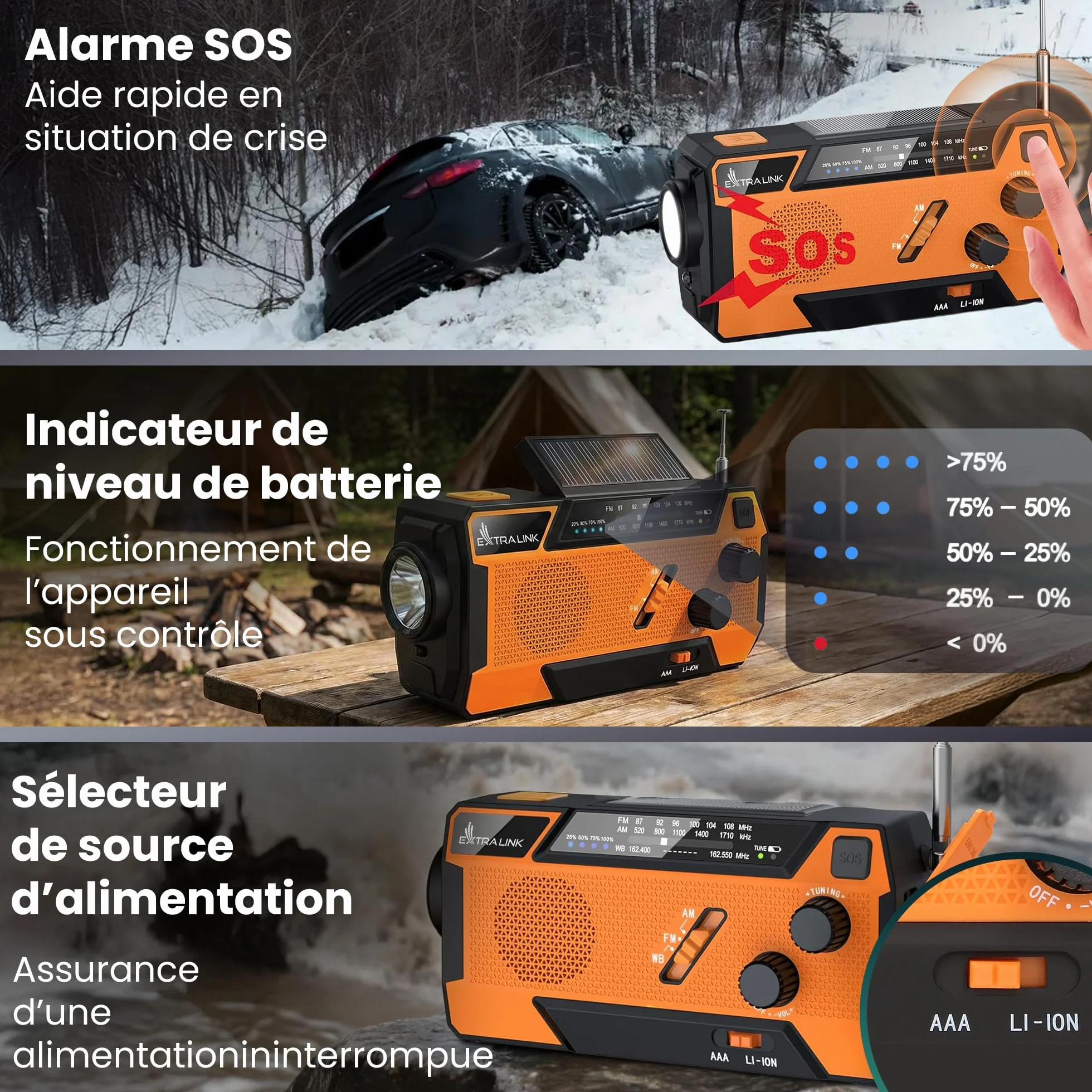 Radio Portable d'Urgence à Manivelle avec Panneau Solaire 4000mAh FM/AM Torche LED SOS Extralink