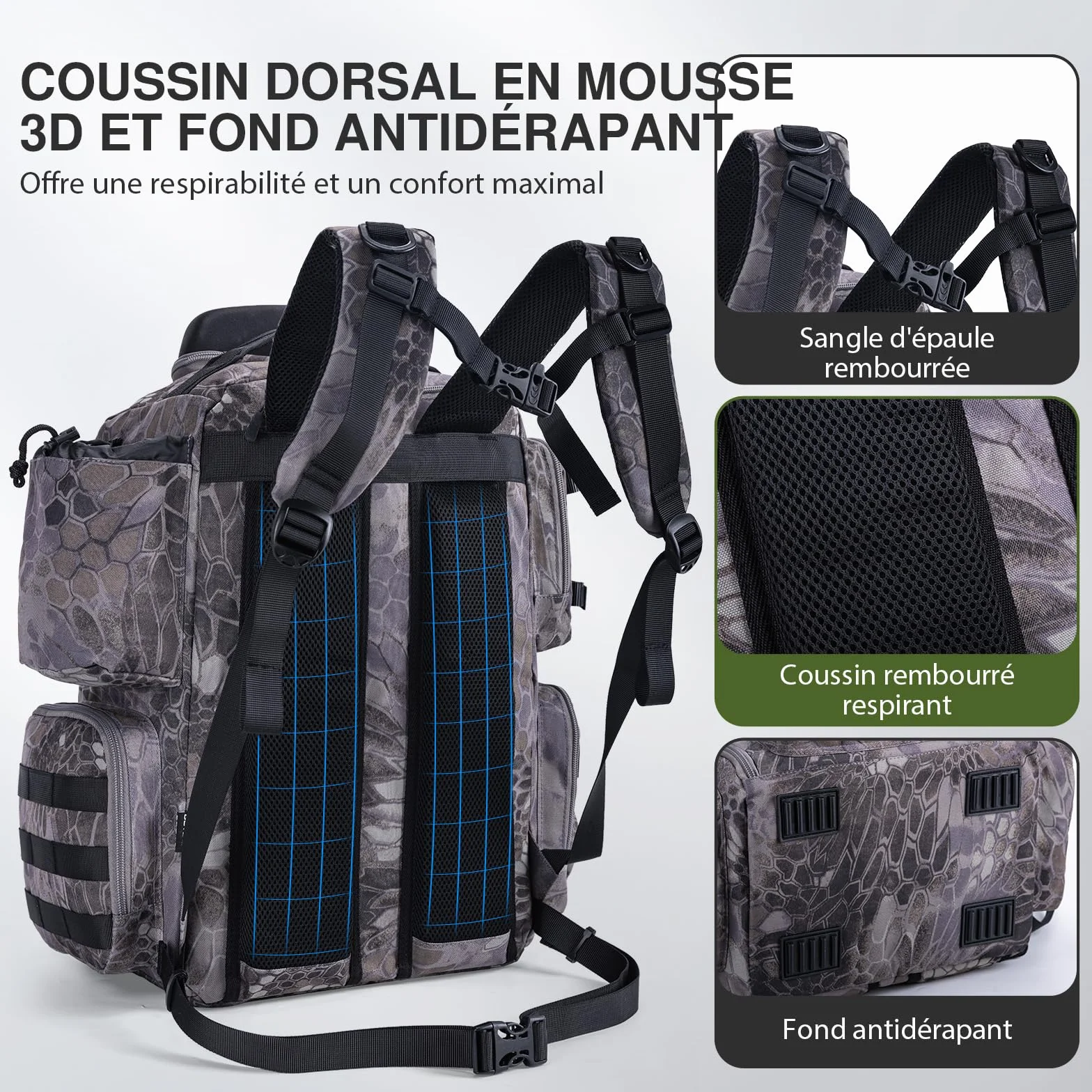 Goture Sac de pêche 45 L Tissu Oxford 900D Dos Souple résistant à l'eau avec Porte-Cannes et Housse de Pluie