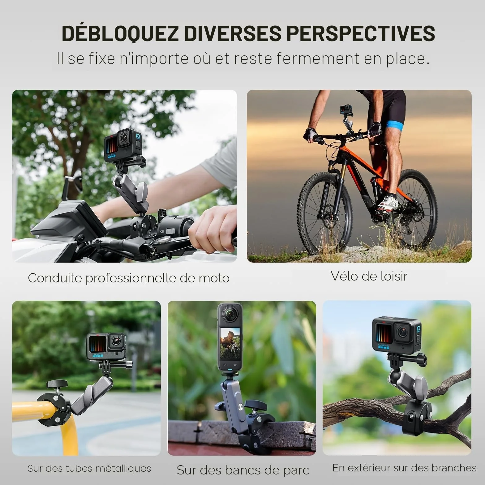 REYGEAK Support de caméra avec double tête sphérique à 360° avec vis 1/4, support de guidon de vélo avec double griffe pour GoPro Max Hero 13/12/11/10/9