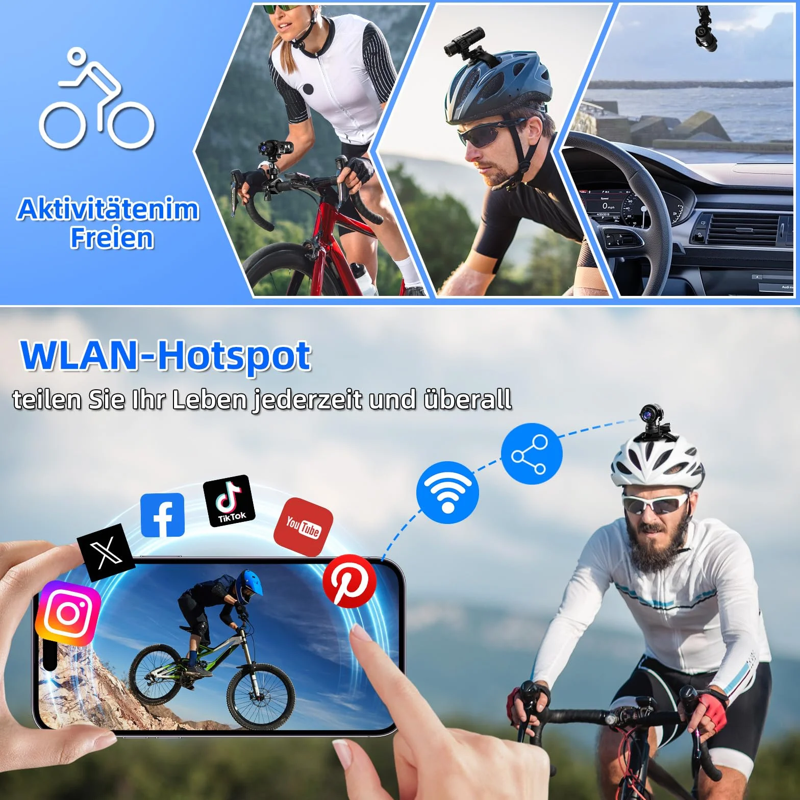 AIKER Caméra Sport WiFi Étanchéité IP66 1080P HD 120° Grand Angle Caméra Moto