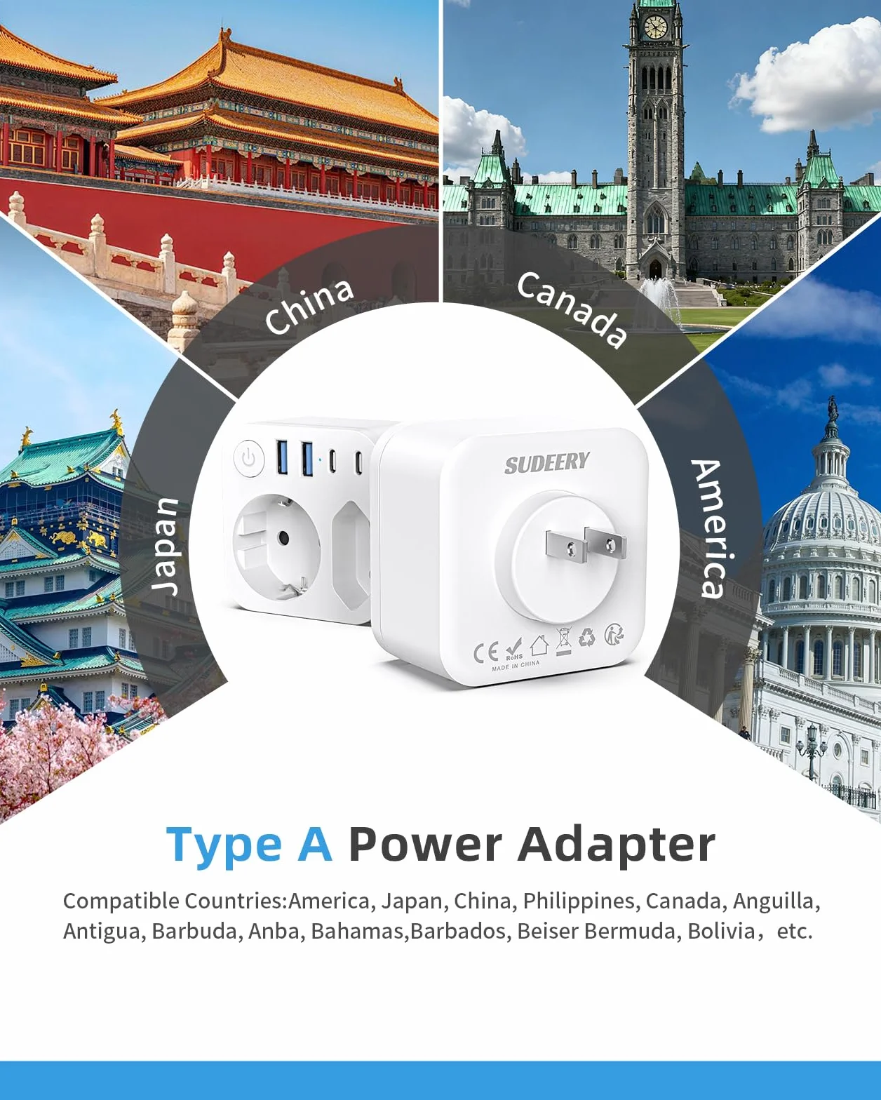 Connecteur de Voyage France Japon 4 Prises USB 2 USB-C Adaptateur Schuko Type A États-Unis Canada Blanc