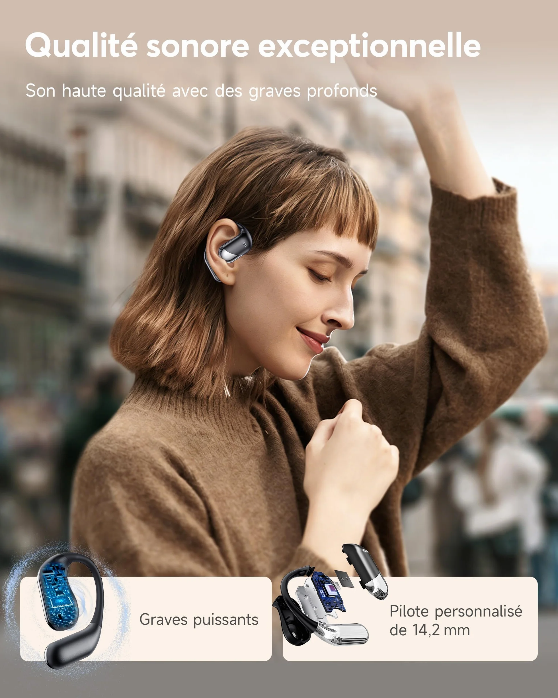 Paekole Casque à Conduction osseuse,écouteurs Bluetooth V6.1 sans Fil avec Micro,autonomie 80 h,écouteurs étanches IP7, Casque Sport avec Crochet d’Oreille pour Fitness/Musique/Appel