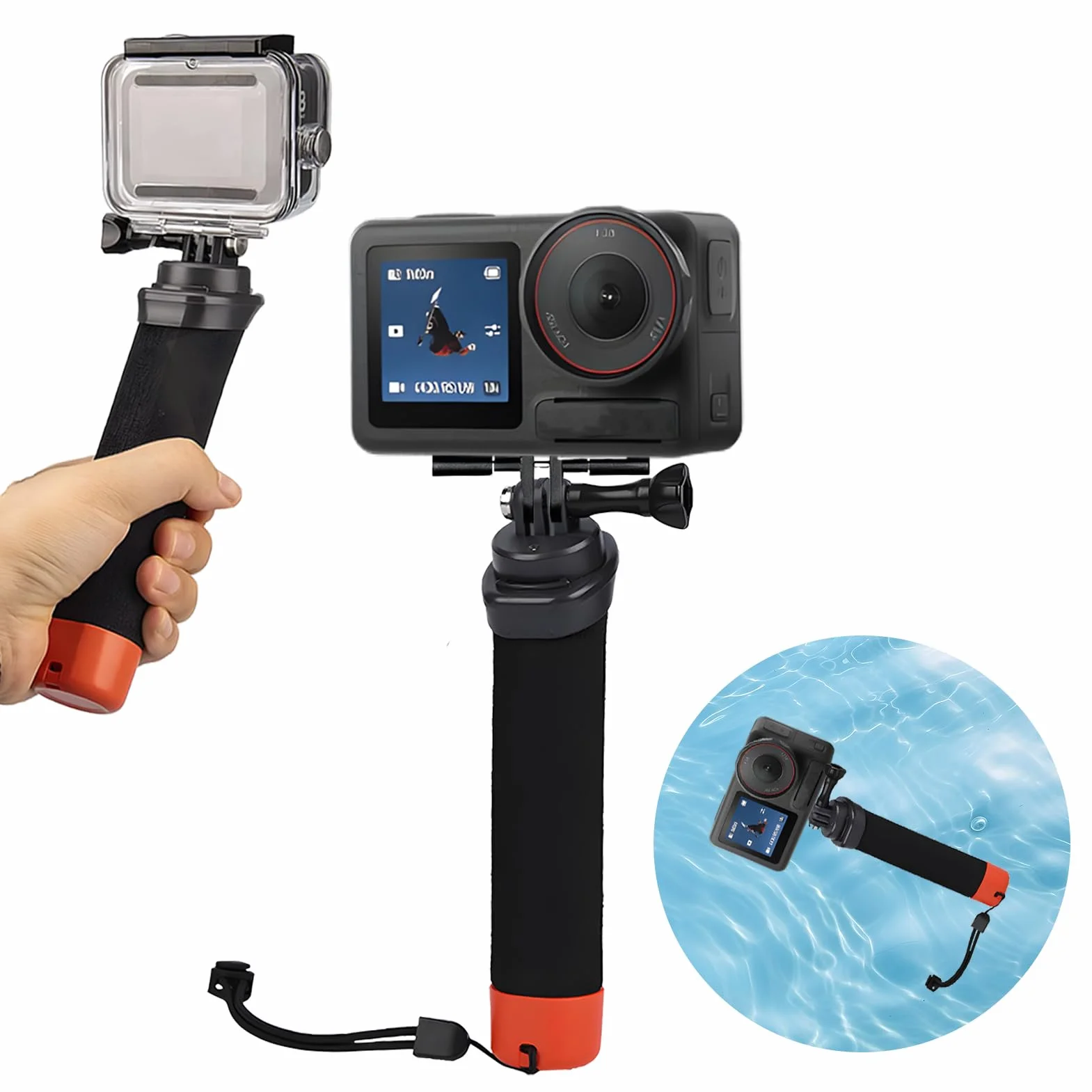 Poignée Flottante pour Caméra Sport, plongée sous-Marine Etanche Handler avec Dragonne et Corde élastique Anti-Perte pour Go Pro Hero 13/12/11/10/9/8/7/6 insta360 DJI Osmo et Autres caméras d'action