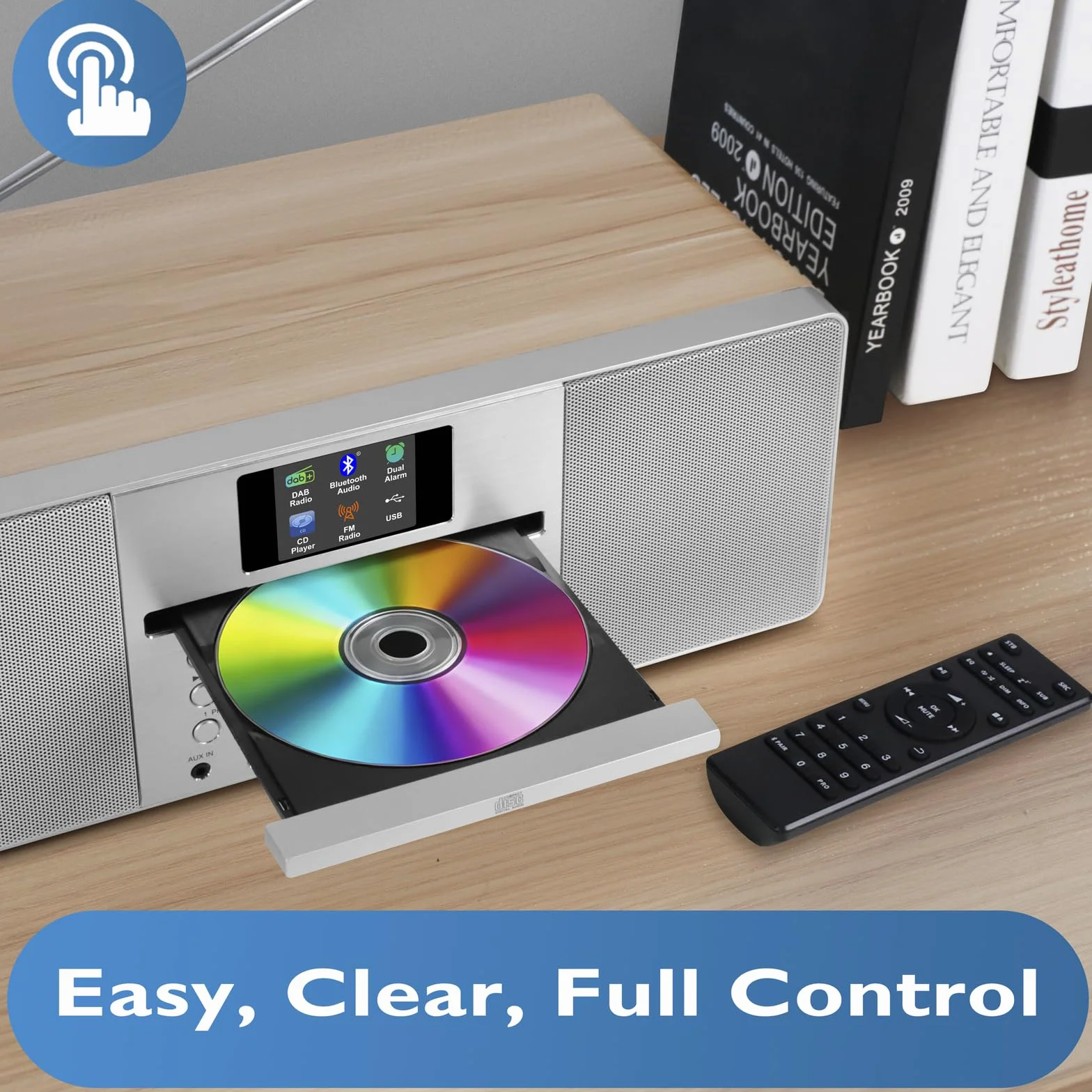 Lecteur CD avec Radio Dab/Dab+ et FM, Streaming Bluetooth, système Hi-FI stéréo 80 W, écran Couleur, 60 Stations préréglées, télécommande, Coffret en Bois Acoustique, MANGOKIT MS1-Arce
