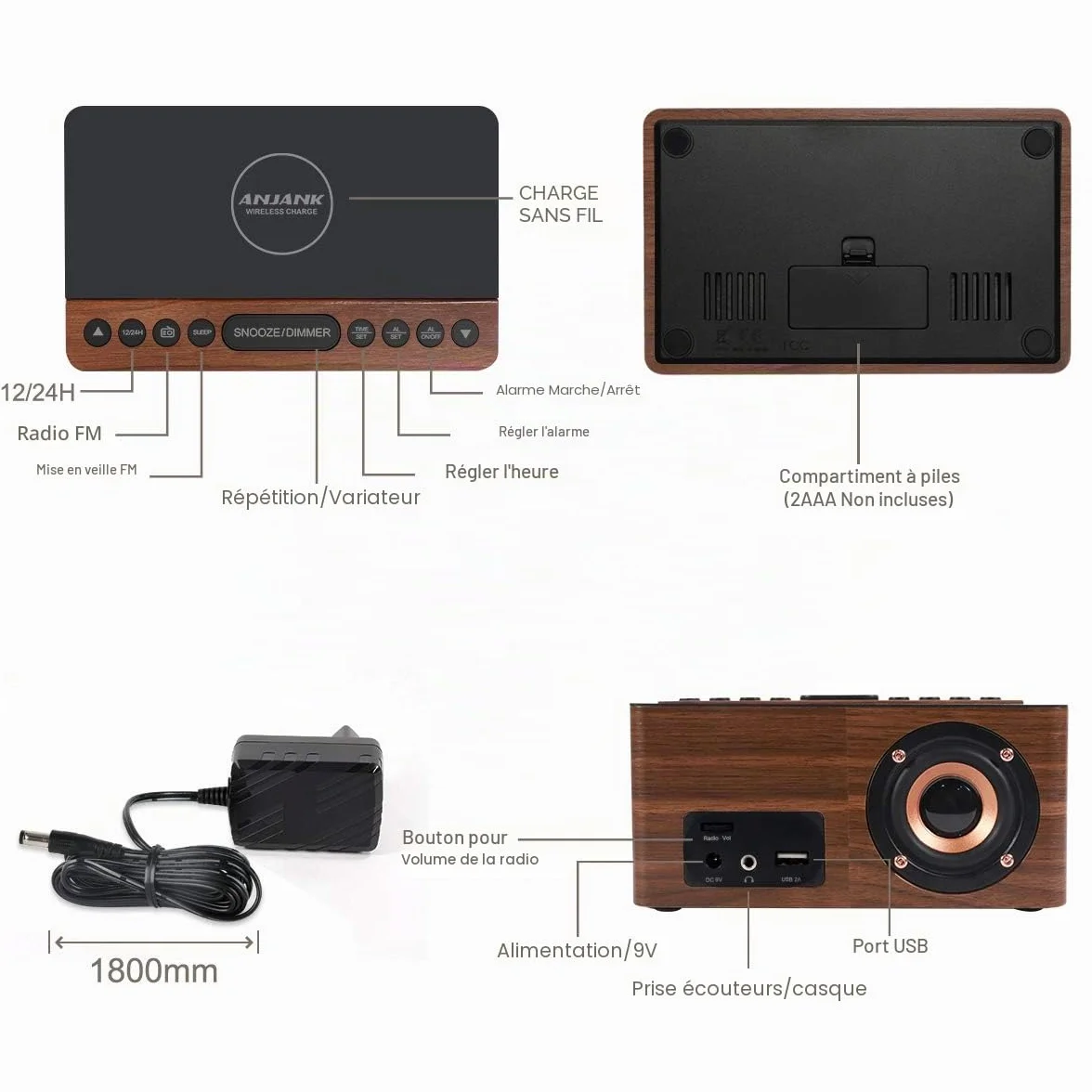 Radio Réveil Numérique en Bois avec Radio FM,Station de Charge sans fil Rapide Pour iPhone/Samsung Galaxy,Alarm Clock et Affichage LED,Variateur à 5 Niveaux,Port USB,Minuterie de Sommeil, Marron