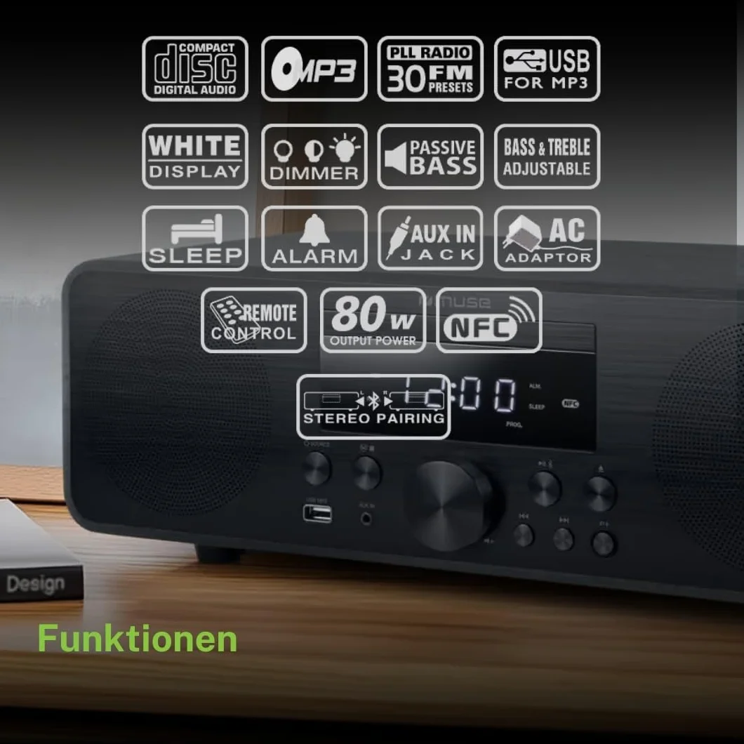 M-880 FBC Micro système Bluetooth avec CD, FM et USB | Chaîne stéréo 80 W au Design Bois avec NFC et Fonction réveil