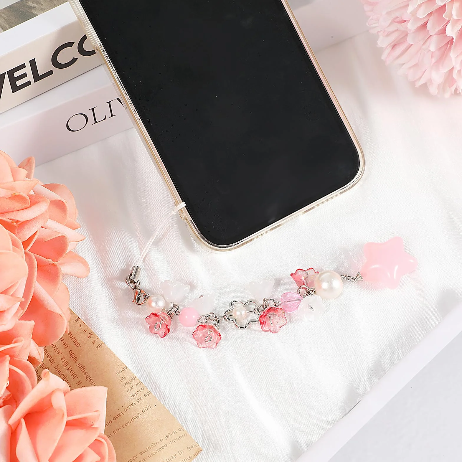 Mabor Pendentif téléphone portable rose fleurs étoiles Y2K dragonne porte-clés