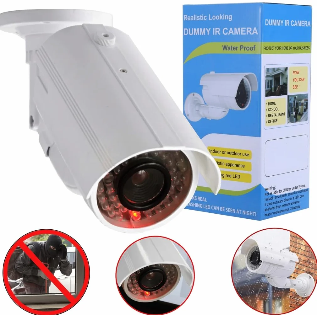 Caméra de surveillance factice avec LED clignotante dans un boîtier protégé contre les intempéries, fausse caméra de sécurité CCTV 720p pour l'intérieur et l'extérieur