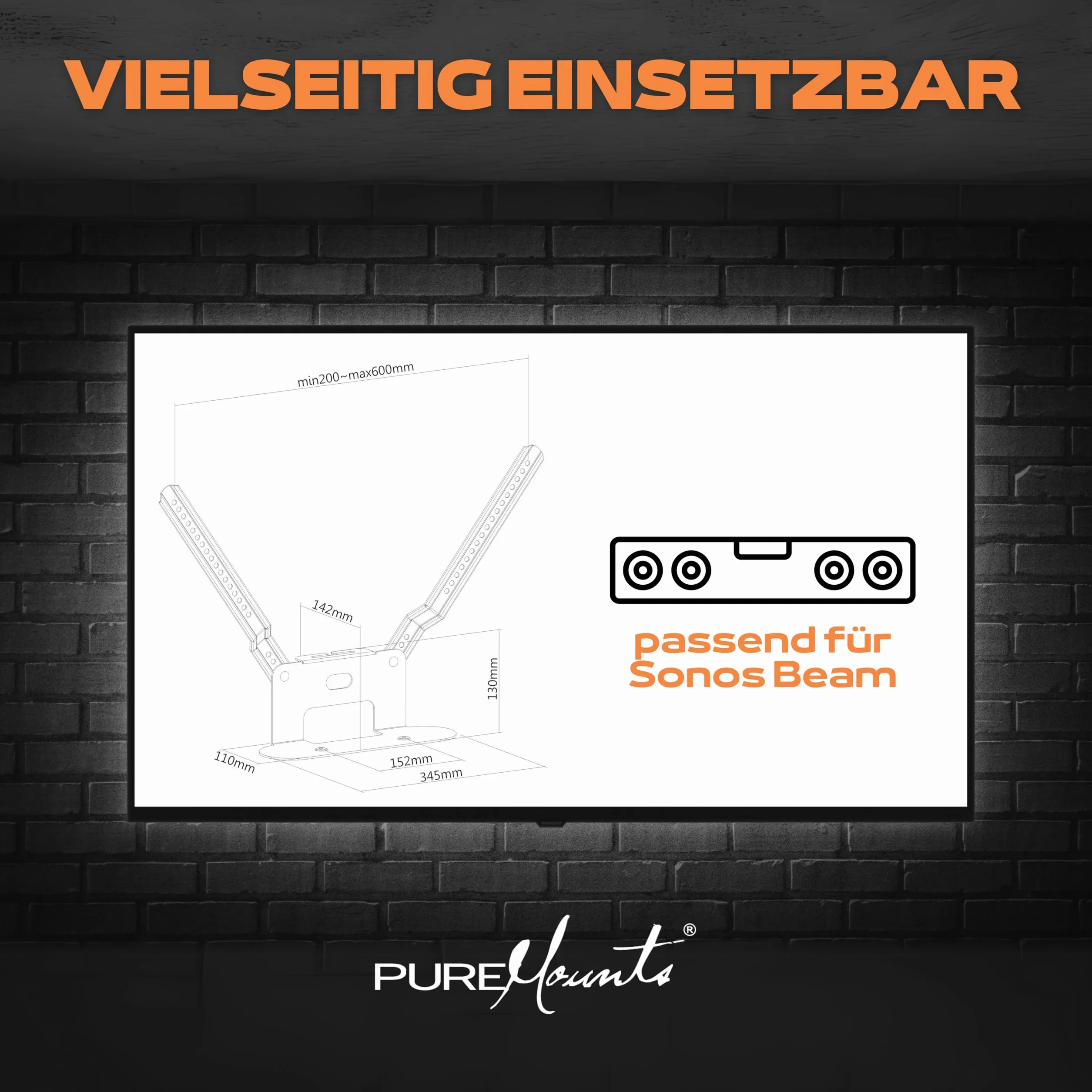 PureMounts PM-SOM-080 pour montage direct sur téléviseur compatible avec SONOS BEAM Barre de son, charge utile: 5 kg, noir
