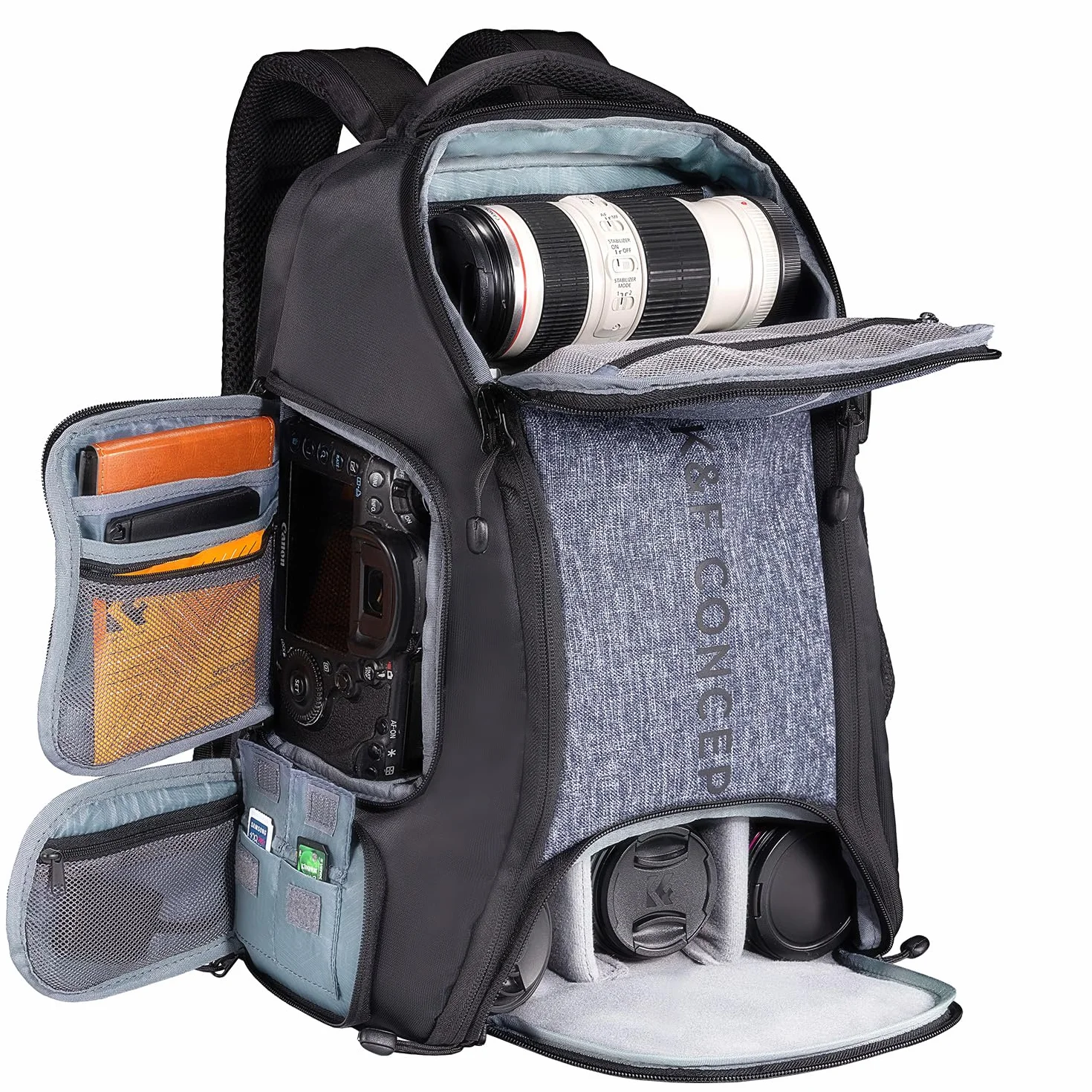 K&F CONCEPT Sac à dos pour appareil photo Canon Nikon Sony DSLR drone, objectif, ordinateur portable, trépied et accessoires avec housse de pluie