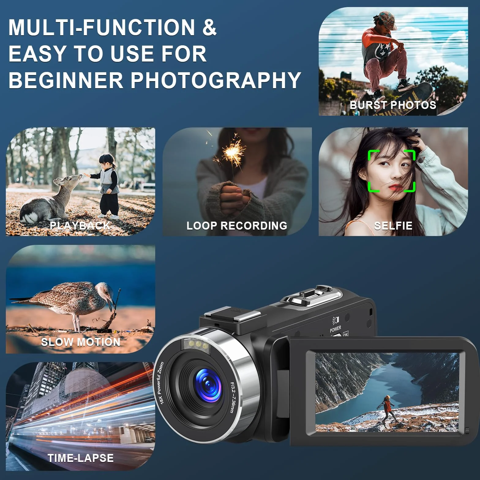 Caméscope 8K 64MP Caméra Vidéo Zoom Numérique 18X WiFi Écran Tactile UHD 3 Pouces IR Vision Nocturne Vlogging avec Carte SD 32 Go