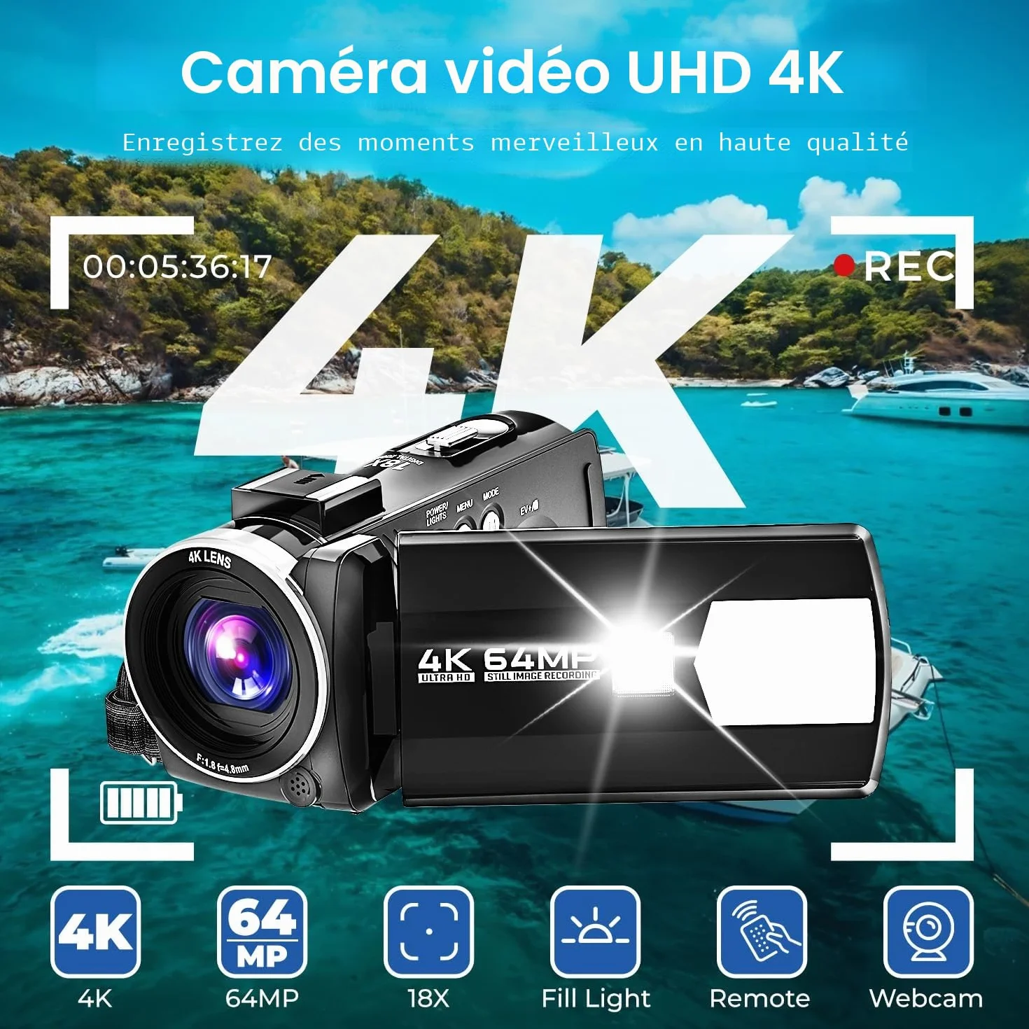 Caméscope 4K 64MP Zoom Numérique 18X Camescope Numerique, 3" Écran Rotatif 270° Vlogging Camera avec Télécommande, Batterie et Carte SD 32Go