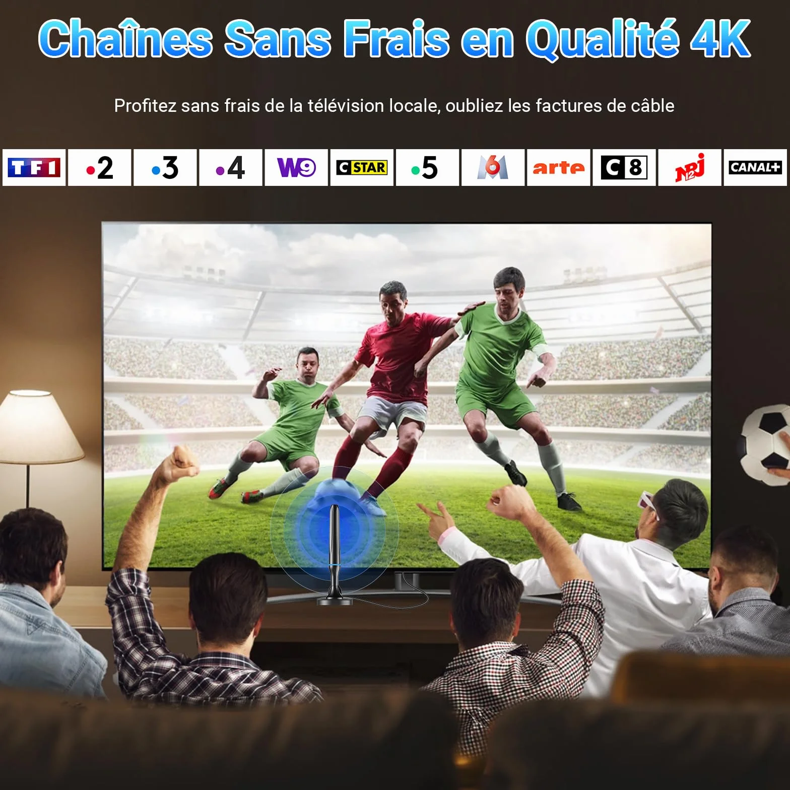 Antenne TV Intérieur Puissante TNT HD, 2026 Puissante Antenne TV Intérieur de Base magnétique puissante - 80km Réception Longue Portée à 360°, Compatible avec Portable 4K 1080P et Tous Les TVs (Bleu)