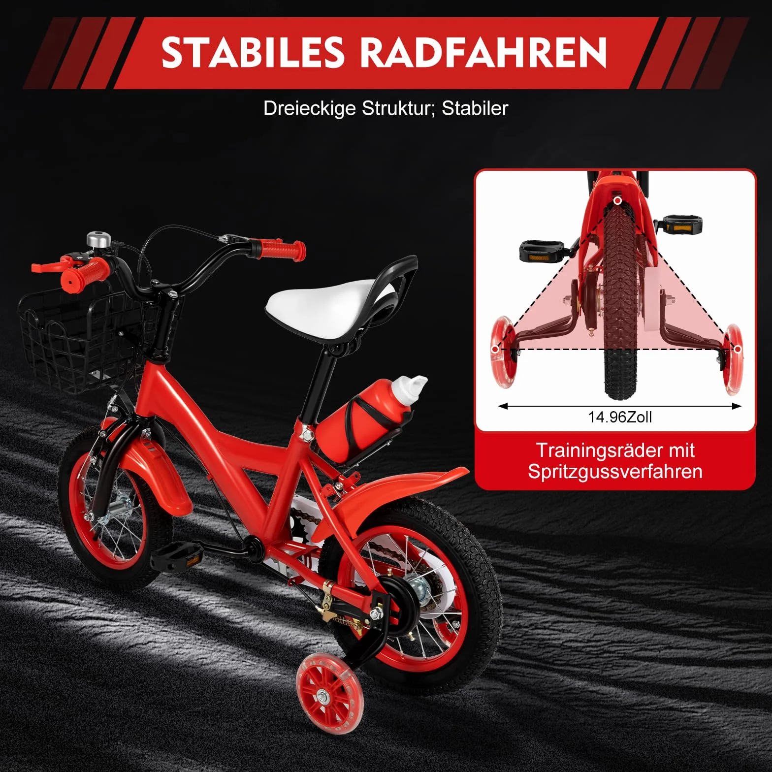 Vélo enfant 12 pouces avec roues stabilisatrices Rouge/jaune/bleu
